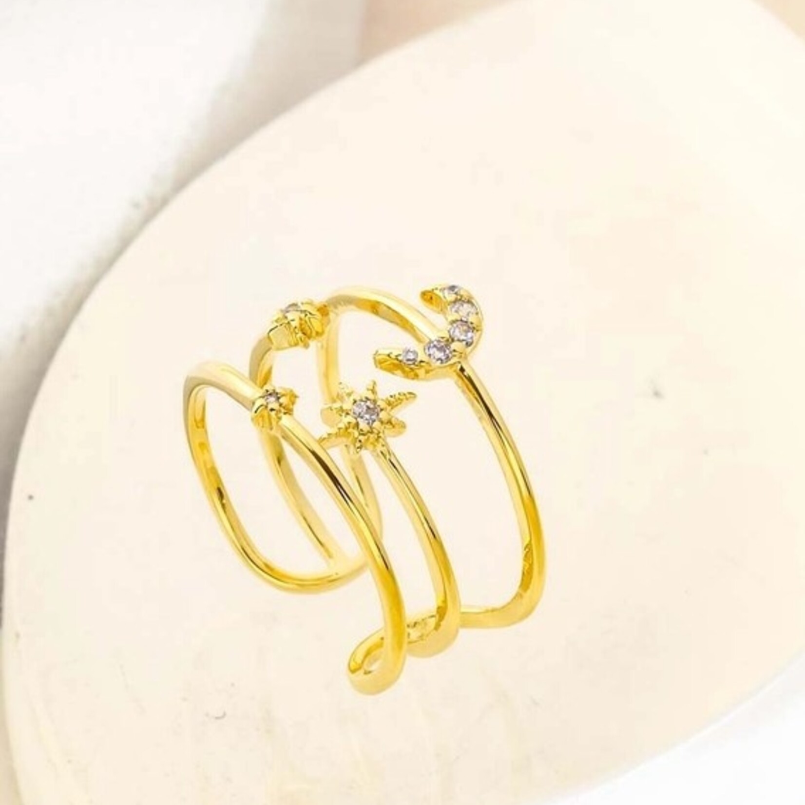 Three Line Star Moon Ring · Gold
