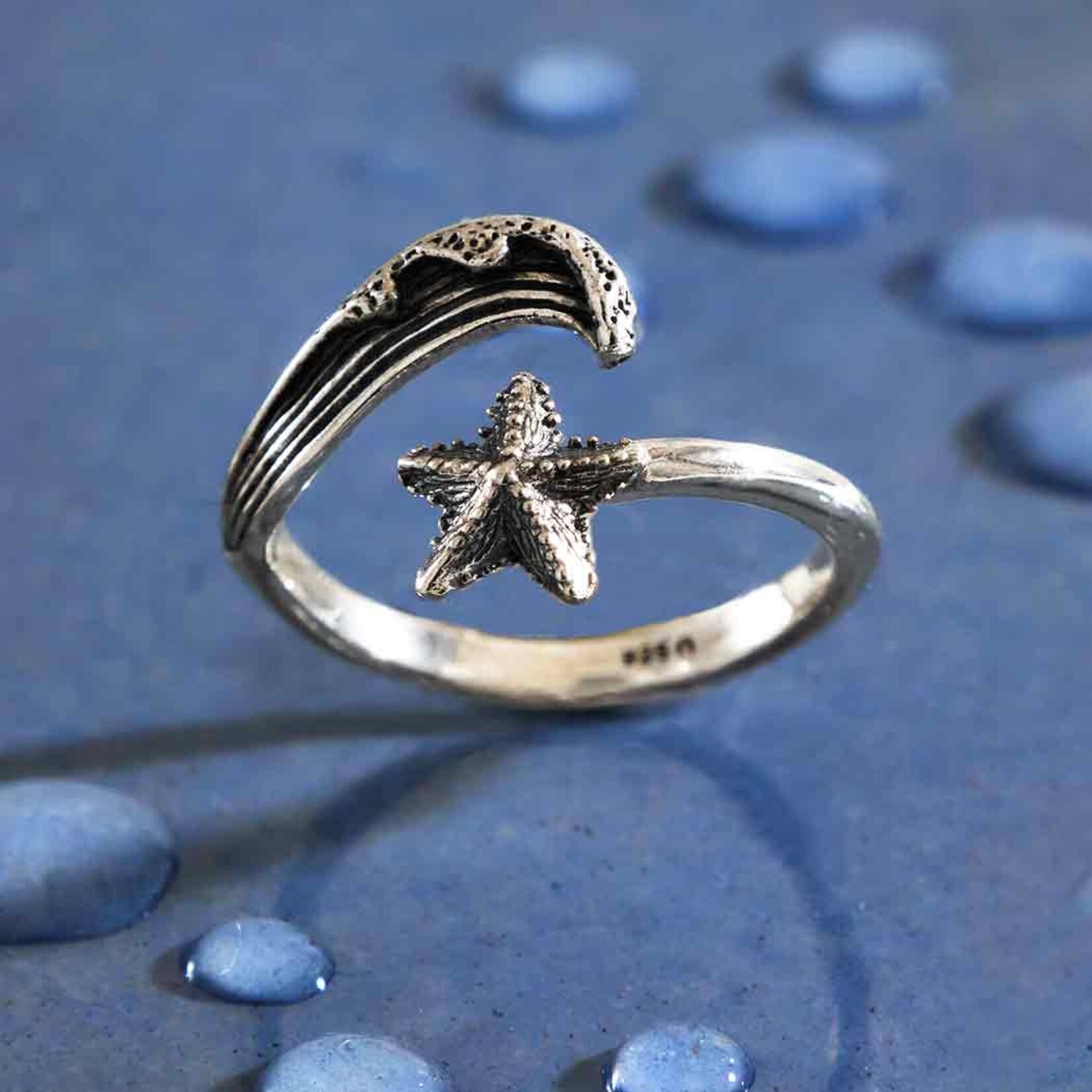 *Wave & Starfish Ring · Sterling Silver · Adjustable