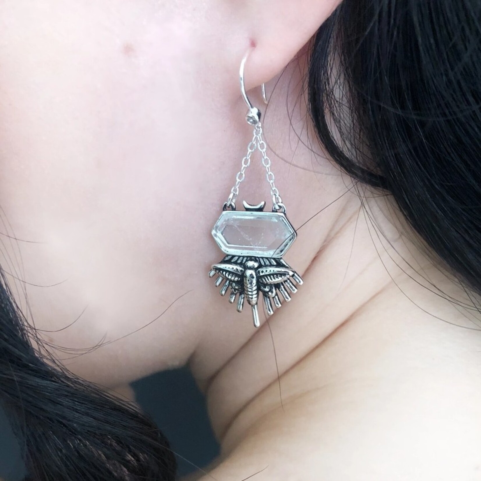 Death Moth Crystal Earrings · Silver
