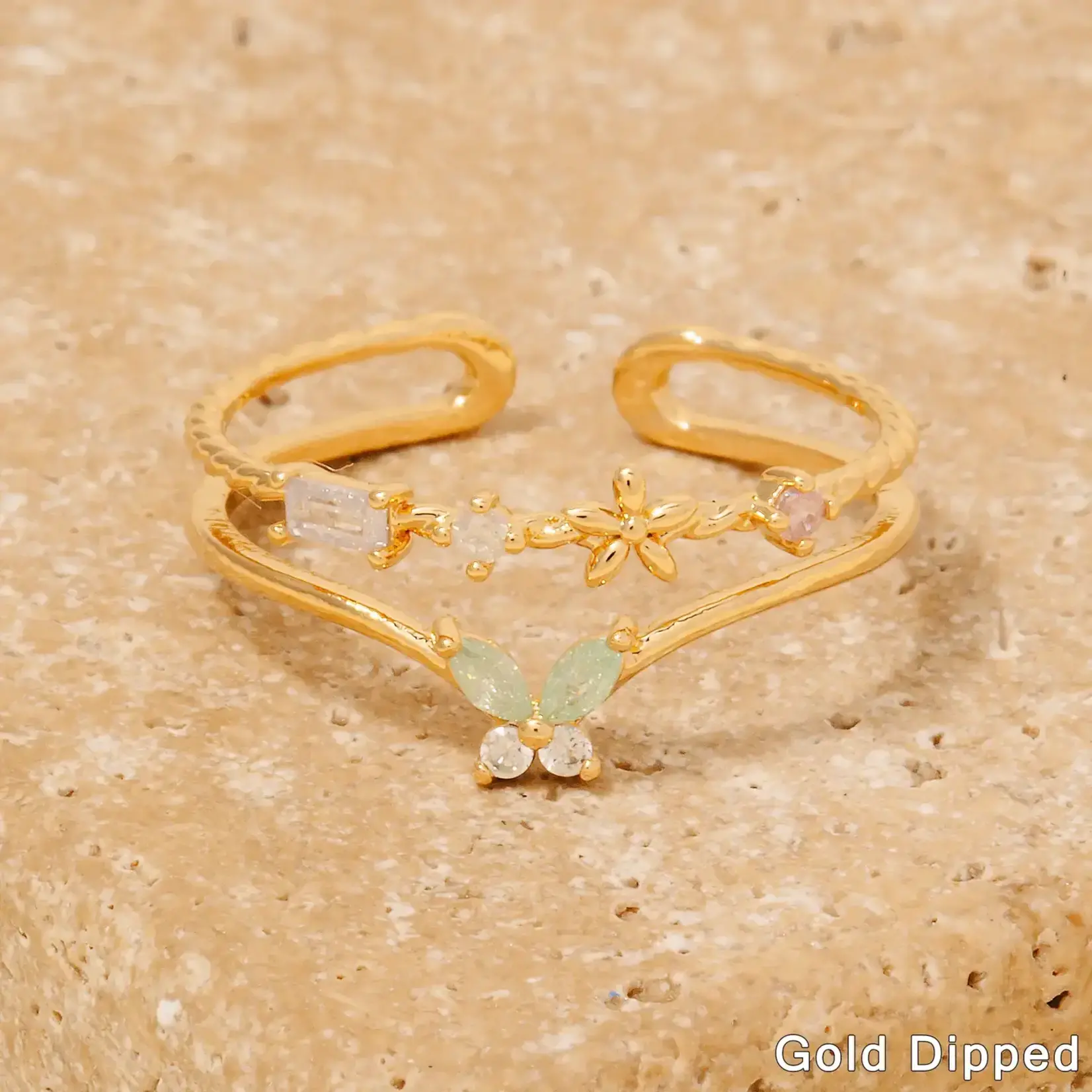 CZ Flowers and Butterfly Layered Open Band Ring