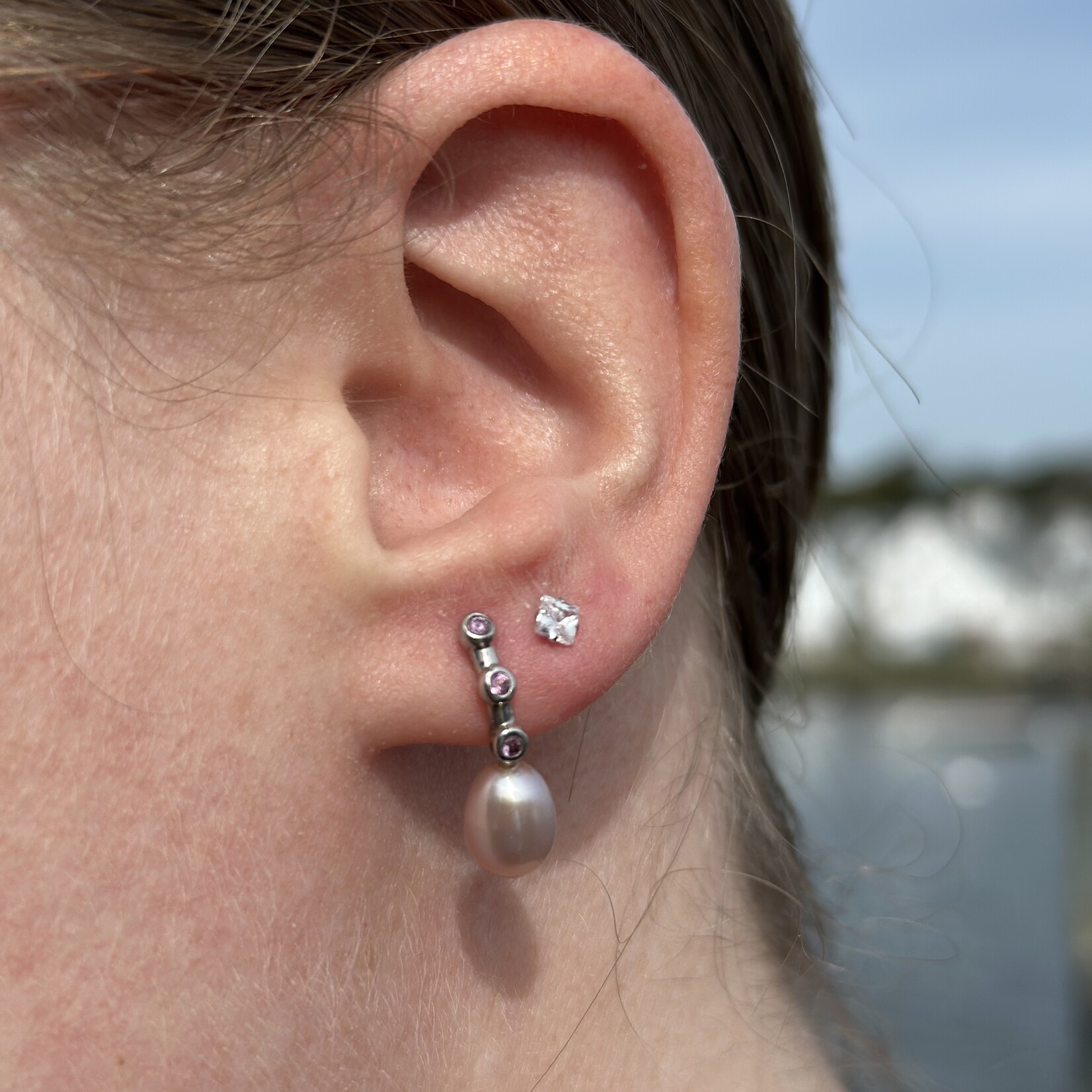 Pearl & Pink Sapphire Earrings · 18K White Gold