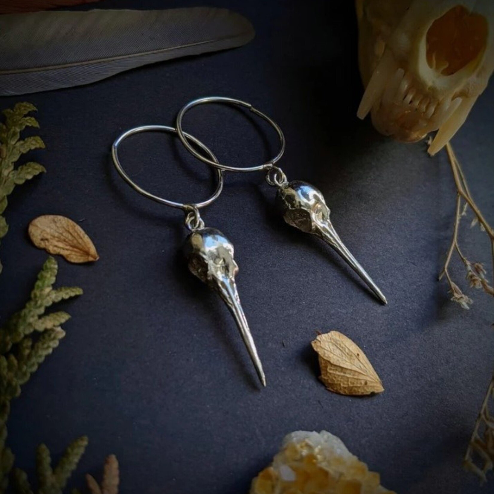 Hummingbird Skull Hoop Earrings · Silver