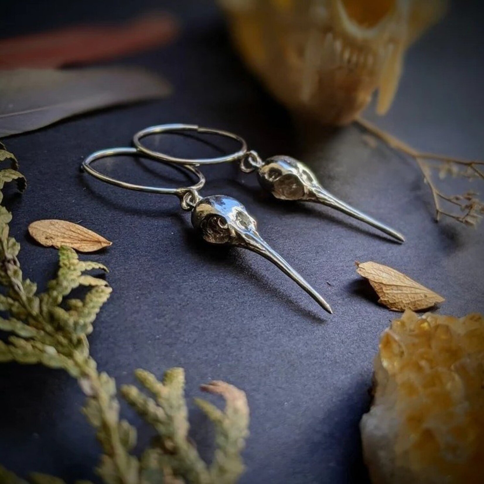 Hummingbird Skull Hoop Earrings · Silver