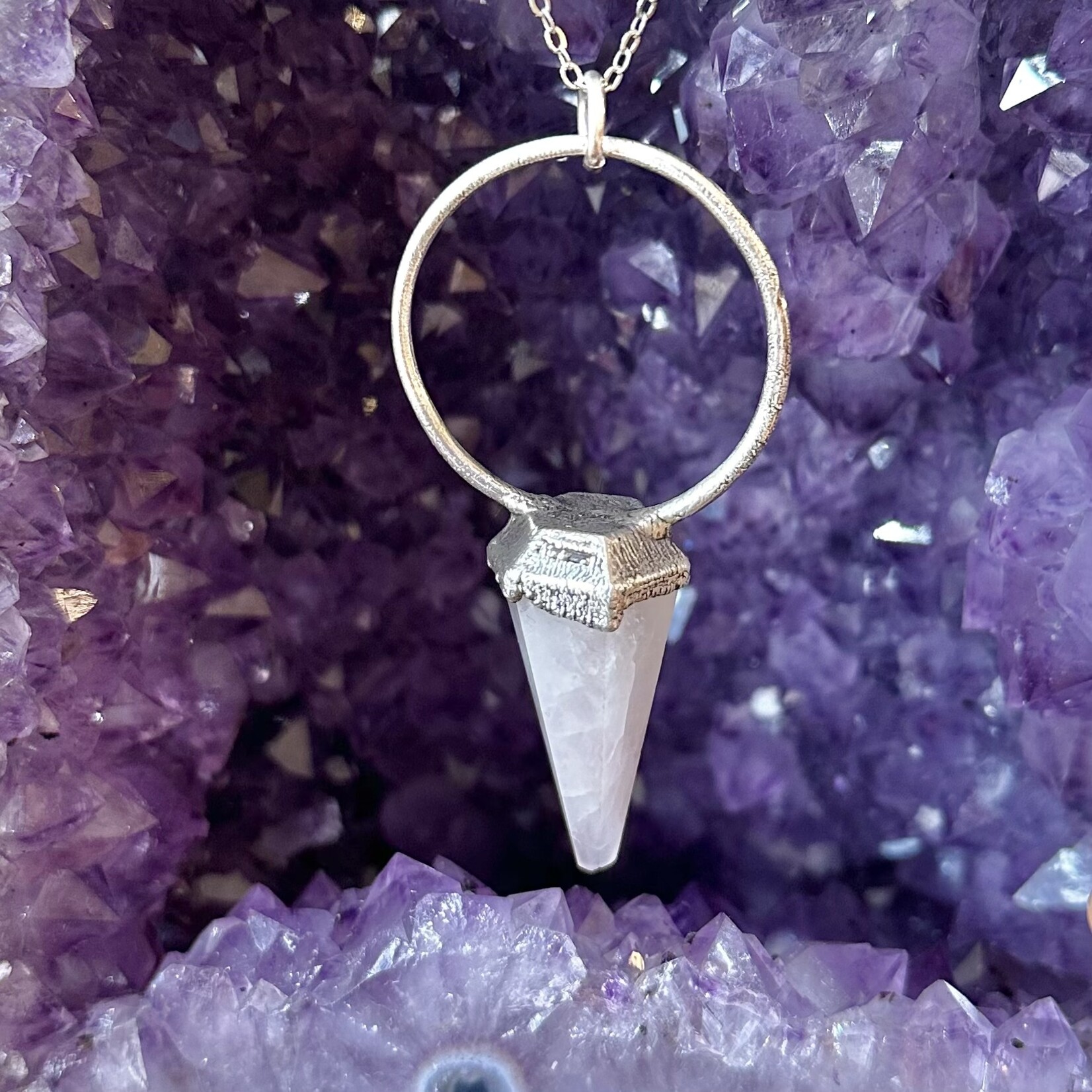*Foxlark Crystal Jewelry *Rose Quartz Crystal Pendulum Necklace Pendant · Fine Silver