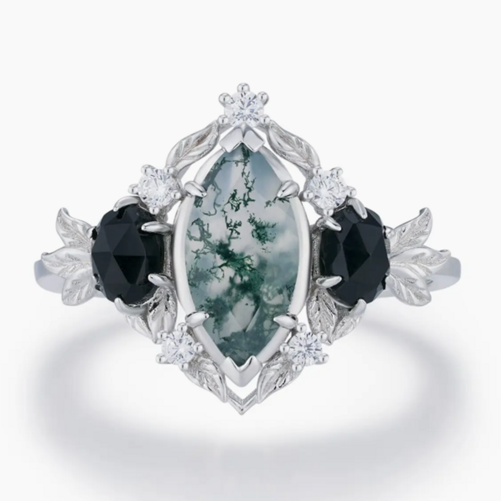 Noctis Moss Agate & Onyx Ring · White Gold Vermeil