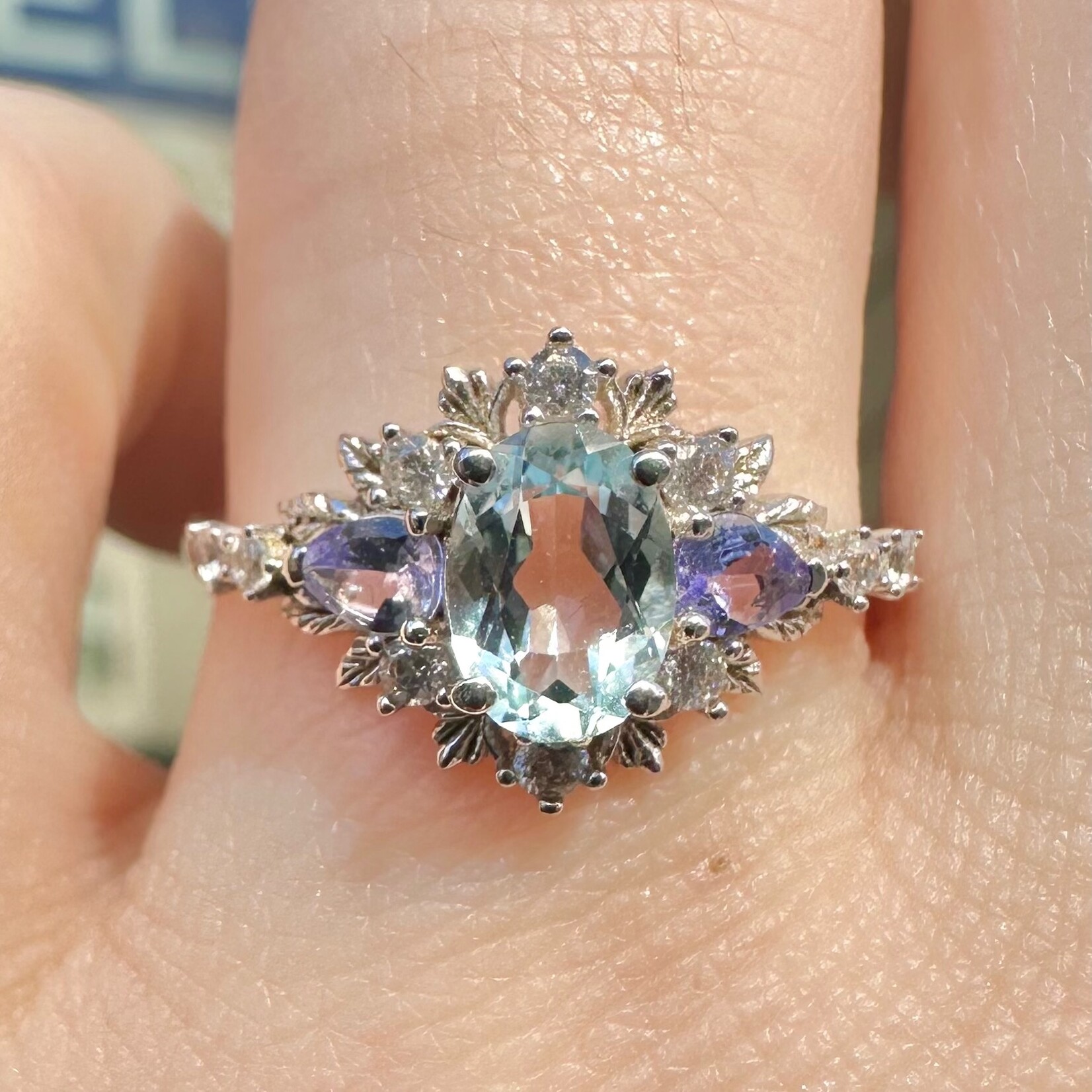 *Dahlia Aquamarine Tanzanite Ring · White Gold Vermeil · 7