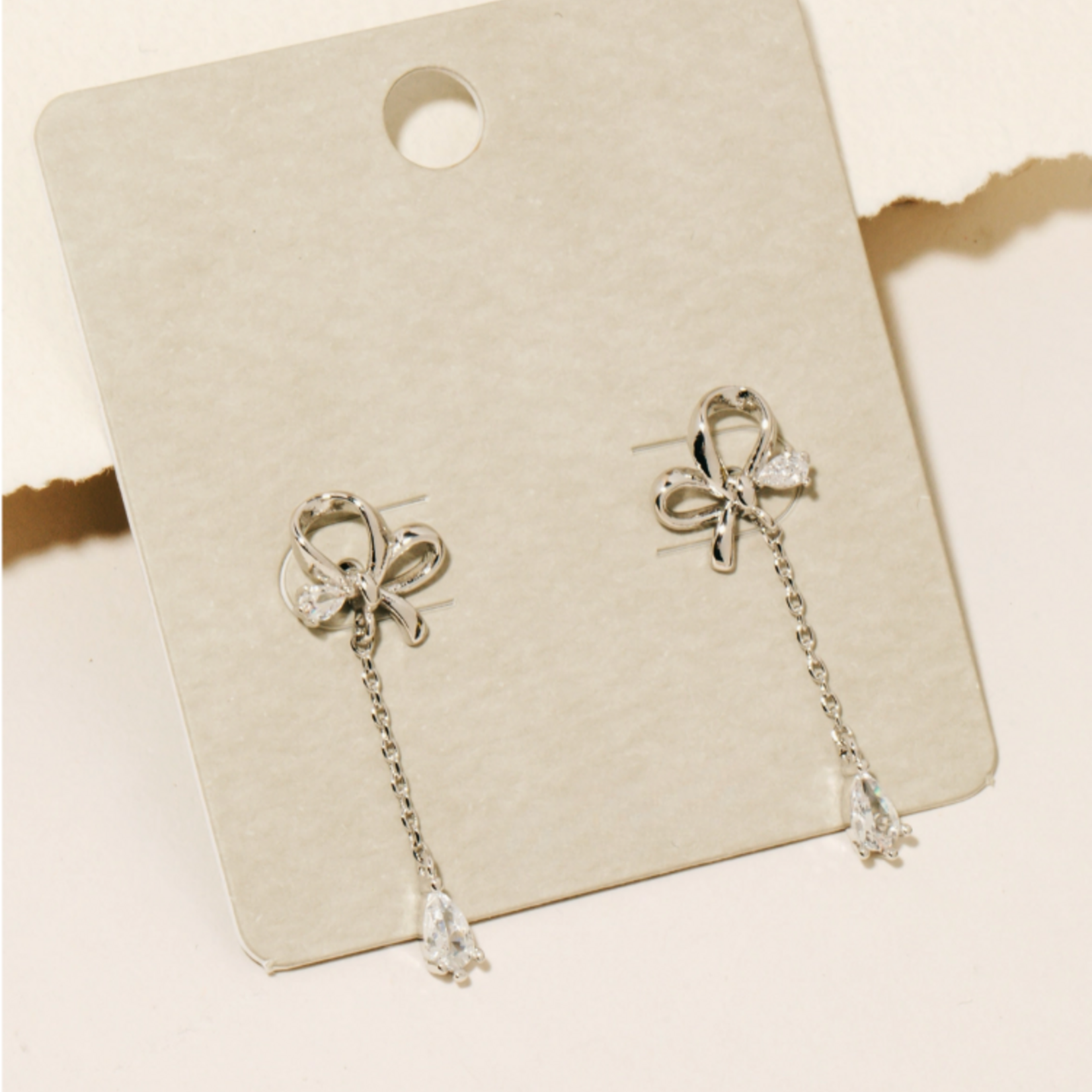 Chain Dangle Rhinestone Bow Stud Earrings · Silver