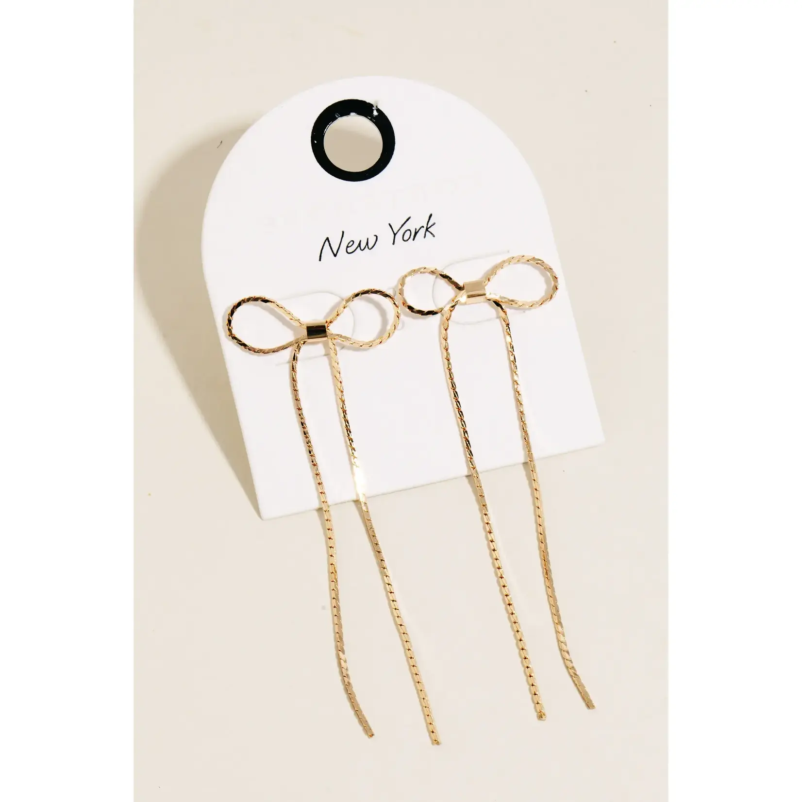 Long Dainty Metallic Ribbon Bow Stud Dangle Earrings · Gold