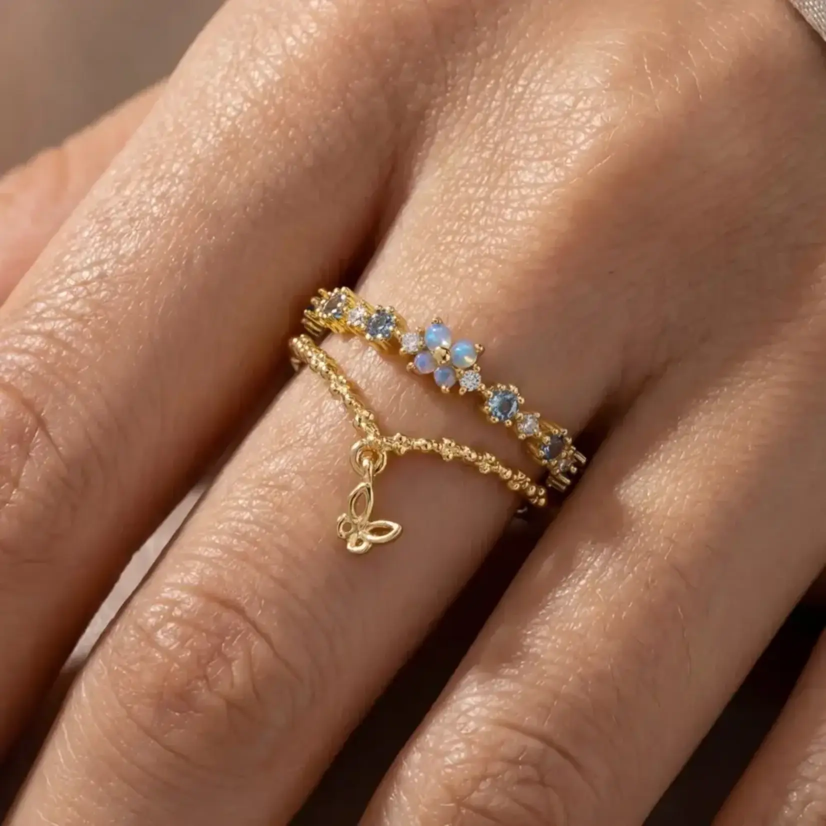 Cz & Butterfly Double Row Ring · Gold