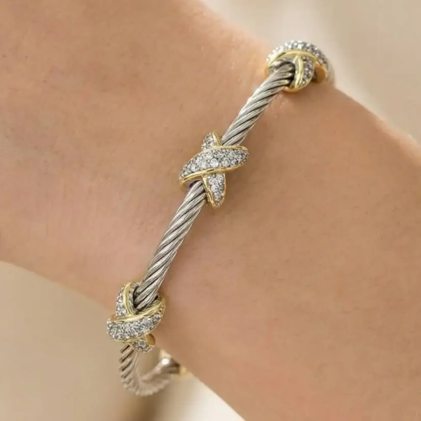 Two-Tone Cable Wire Cz X-Station Bangle Bracelet · Gold & Silver