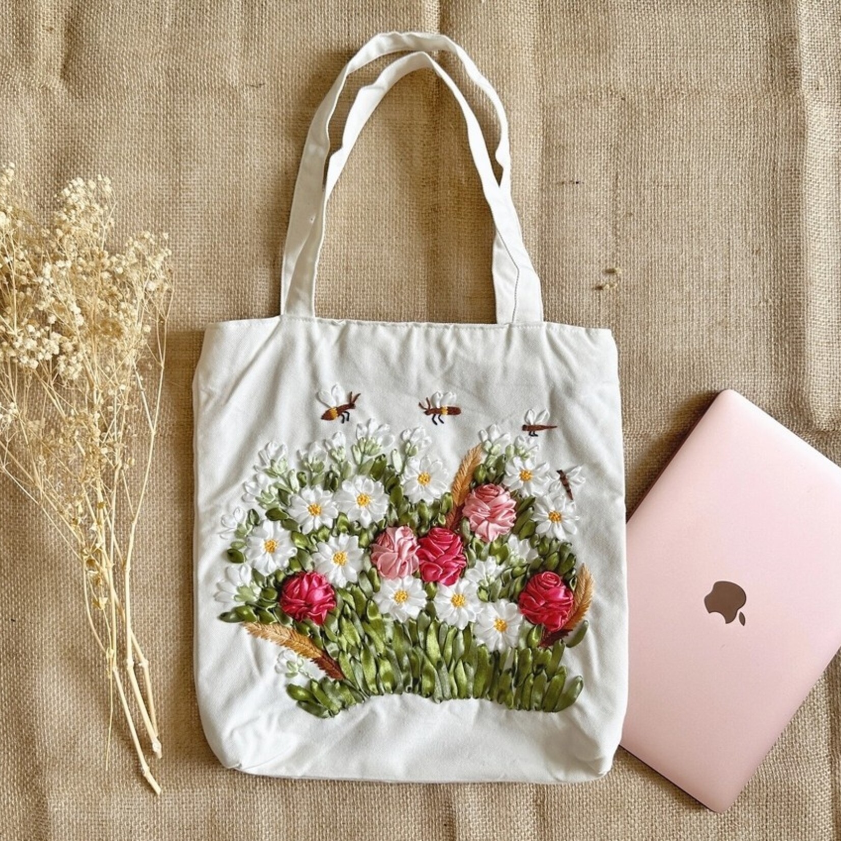 Quince Fables White Linen Bag with Flower Garden Ribbon Embroidery