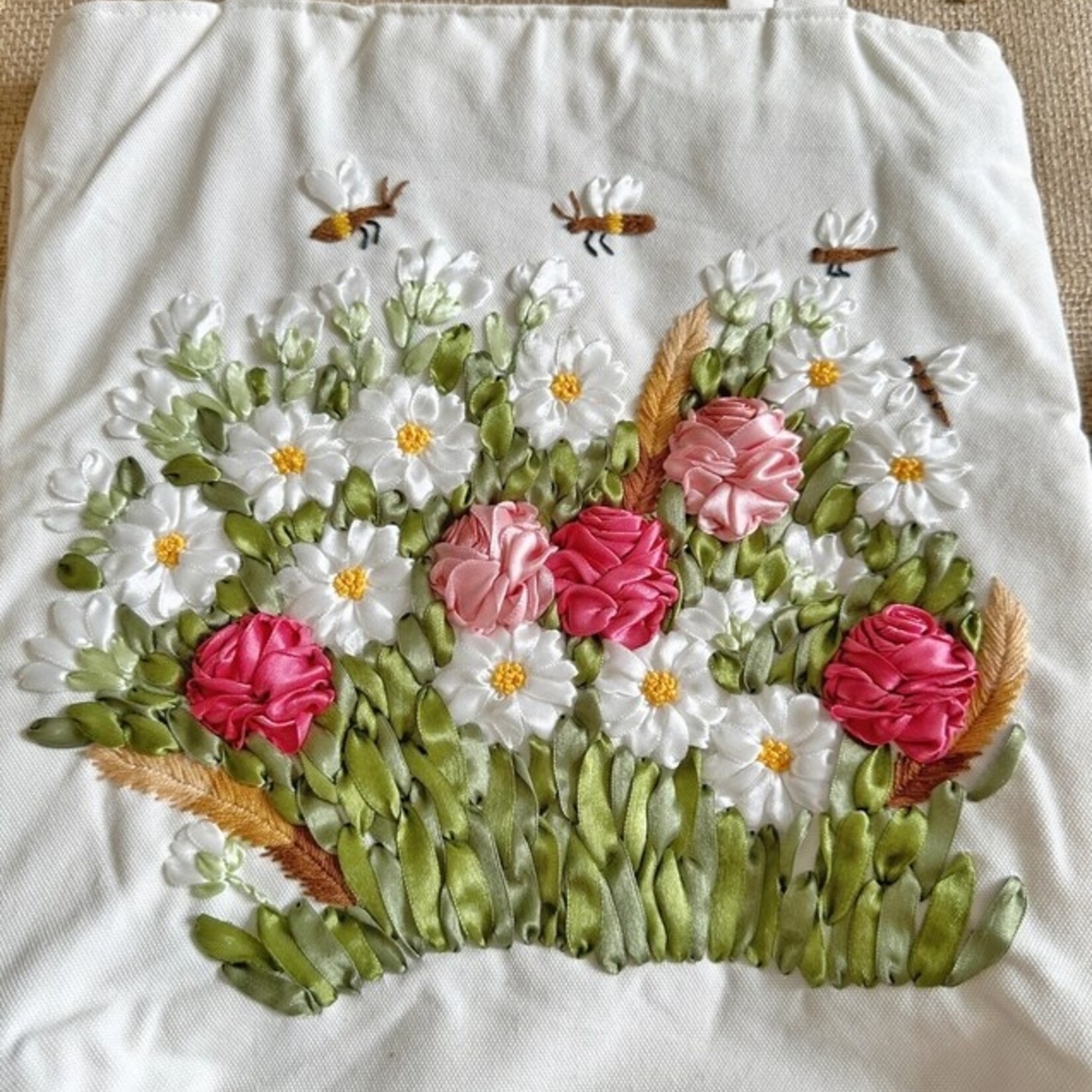 Quince Fables White Linen Bag with Flower Garden Ribbon Embroidery