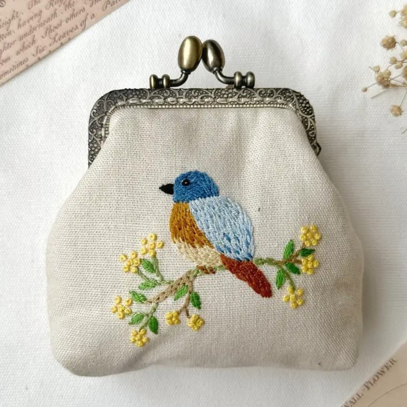 Quince Fables Bird Embroidered Navy Blue Coin Purse