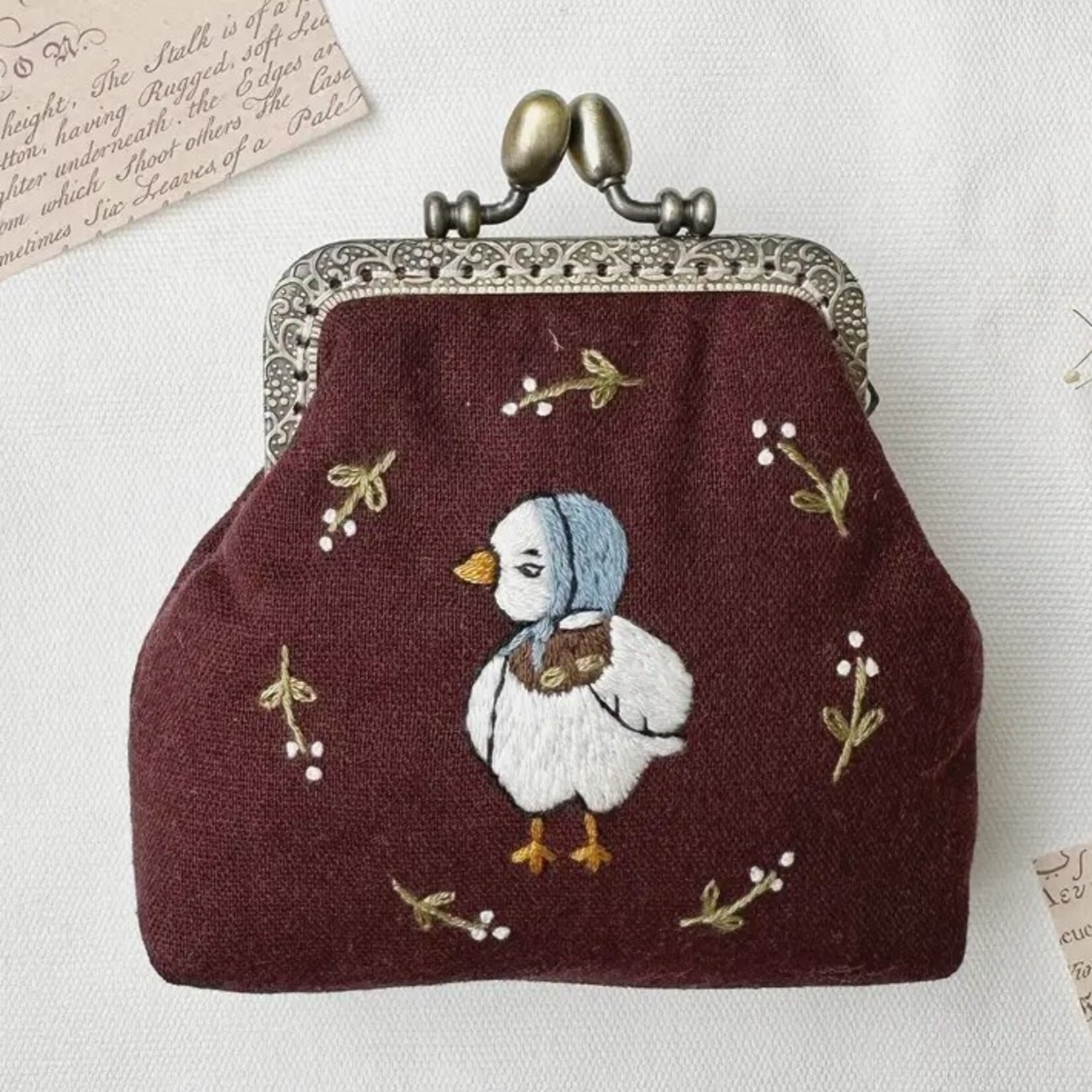 Quince Fables Duck Embroidered Navy Blue Coin Purse