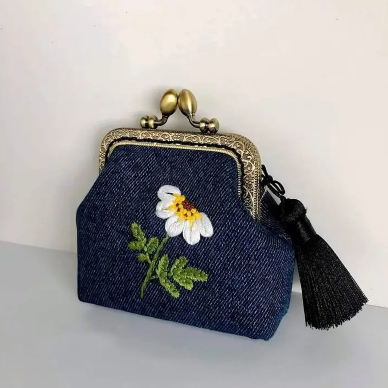 Quince Fables Daisy Embroidered Denim Coin Purse