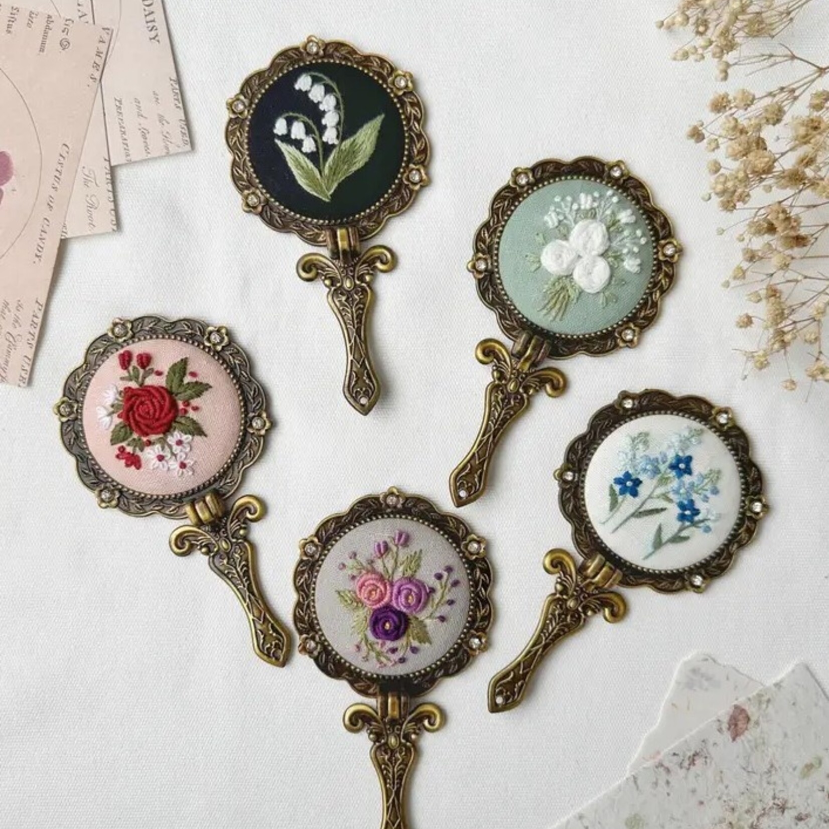 Quince Fables Floral Embroidered Round Folding Mirror