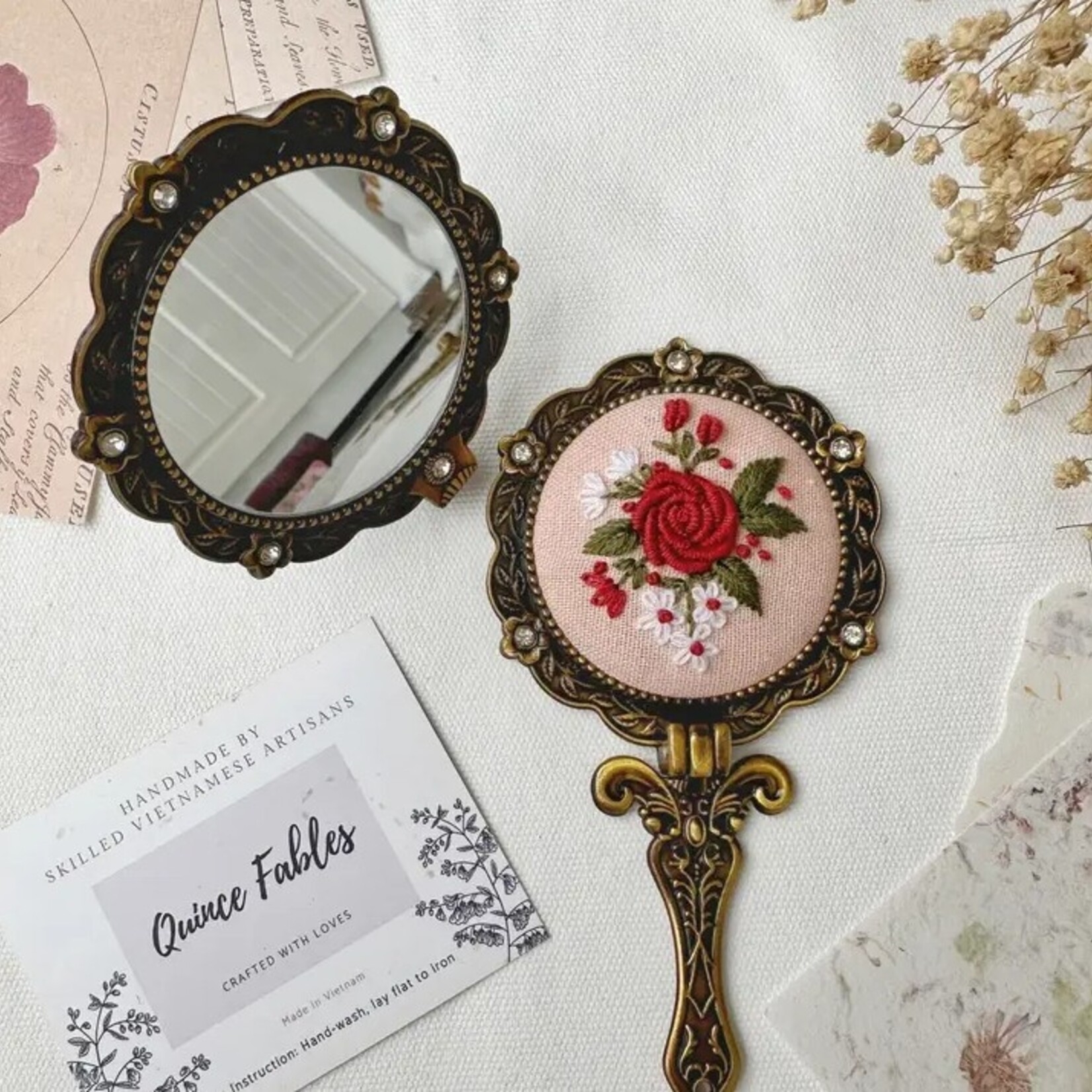 Quince Fables Floral Embroidered Round Folding Mirror