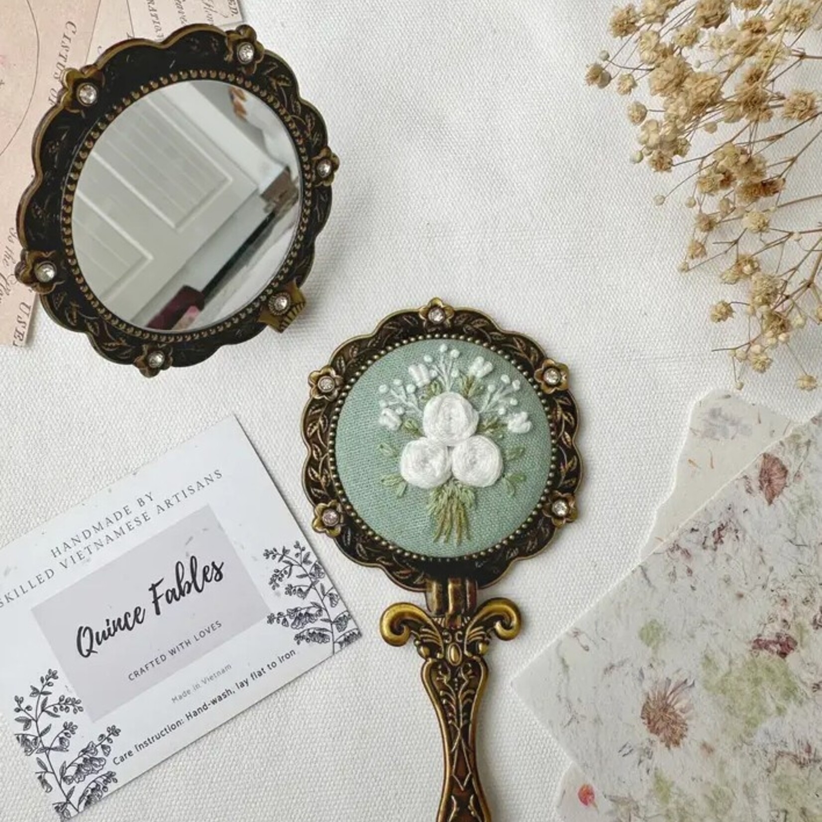 Quince Fables Floral Embroidered Round Folding Mirror