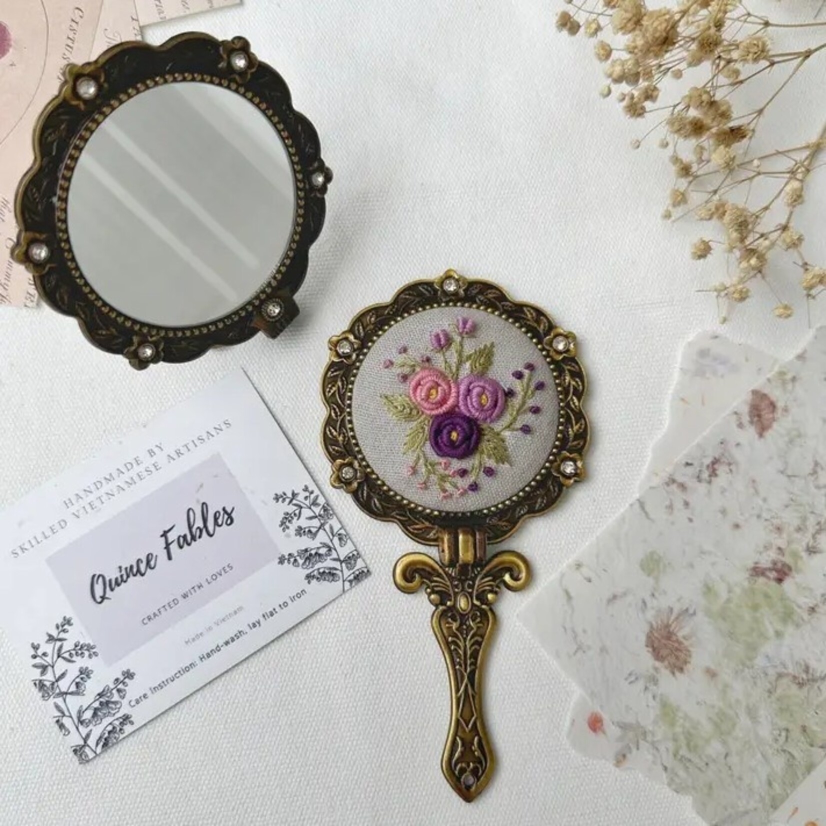 Quince Fables Floral Embroidered Round Folding Mirror