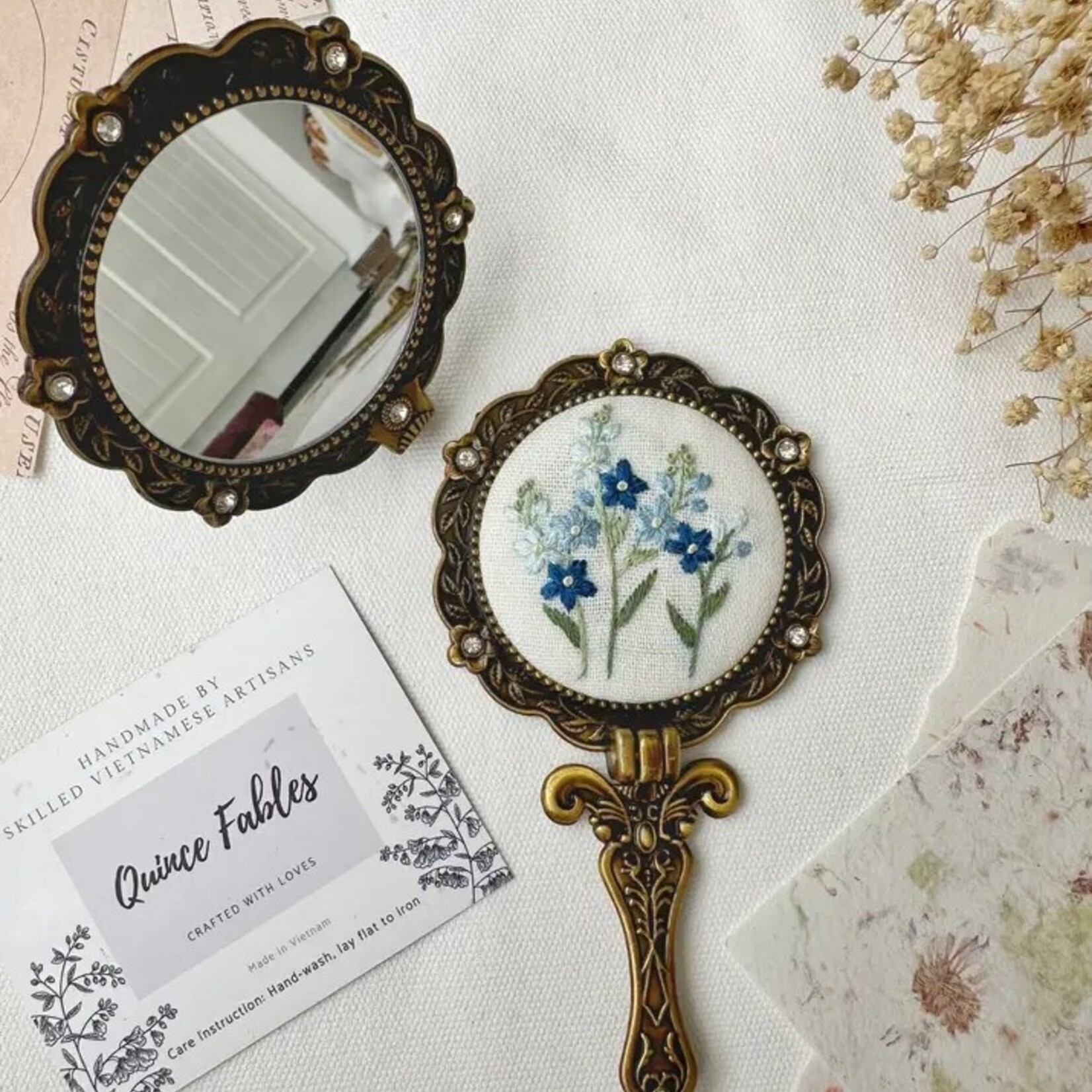 Quince Fables Floral Embroidered Round Folding Mirror