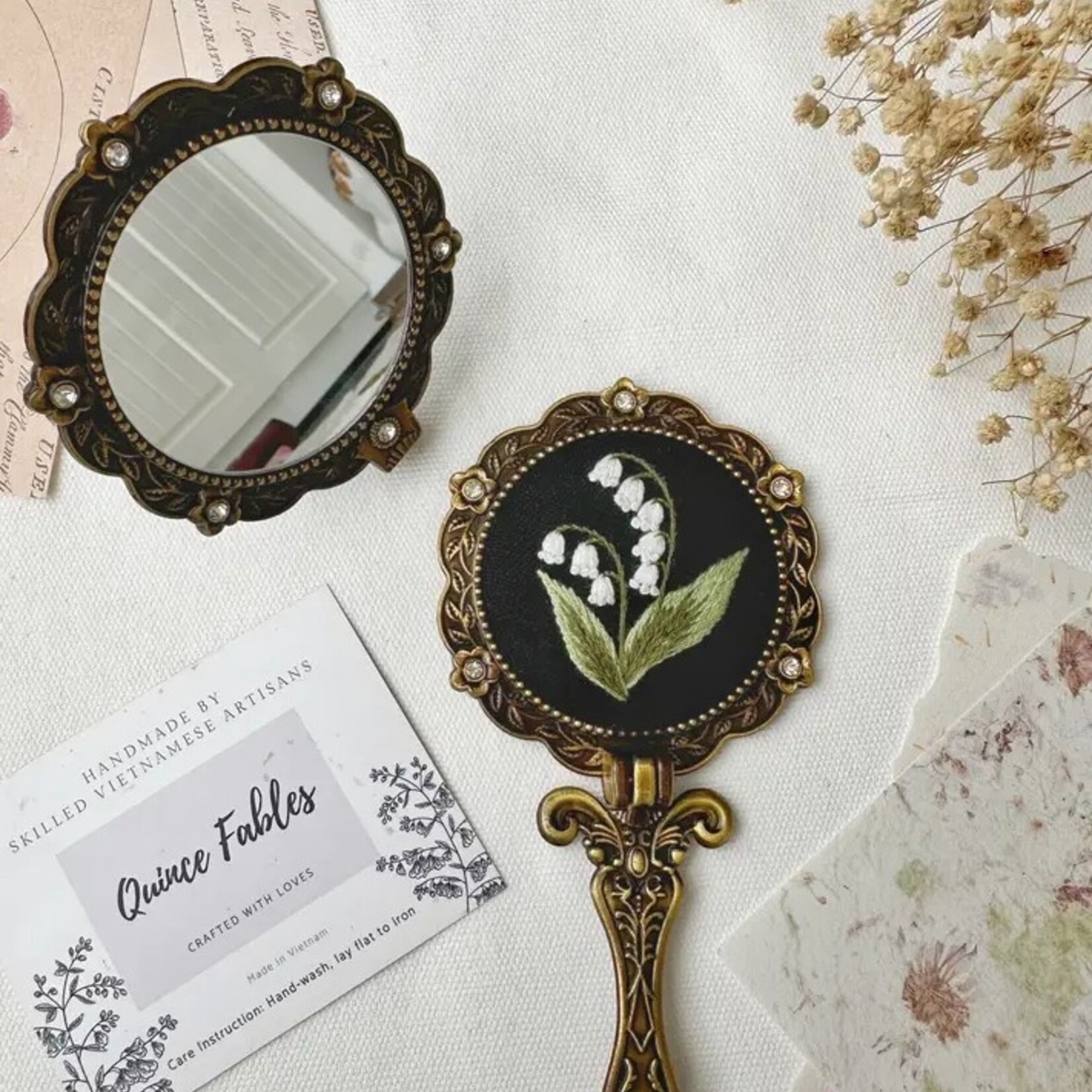 Quince Fables Floral Embroidered Round Folding Mirror