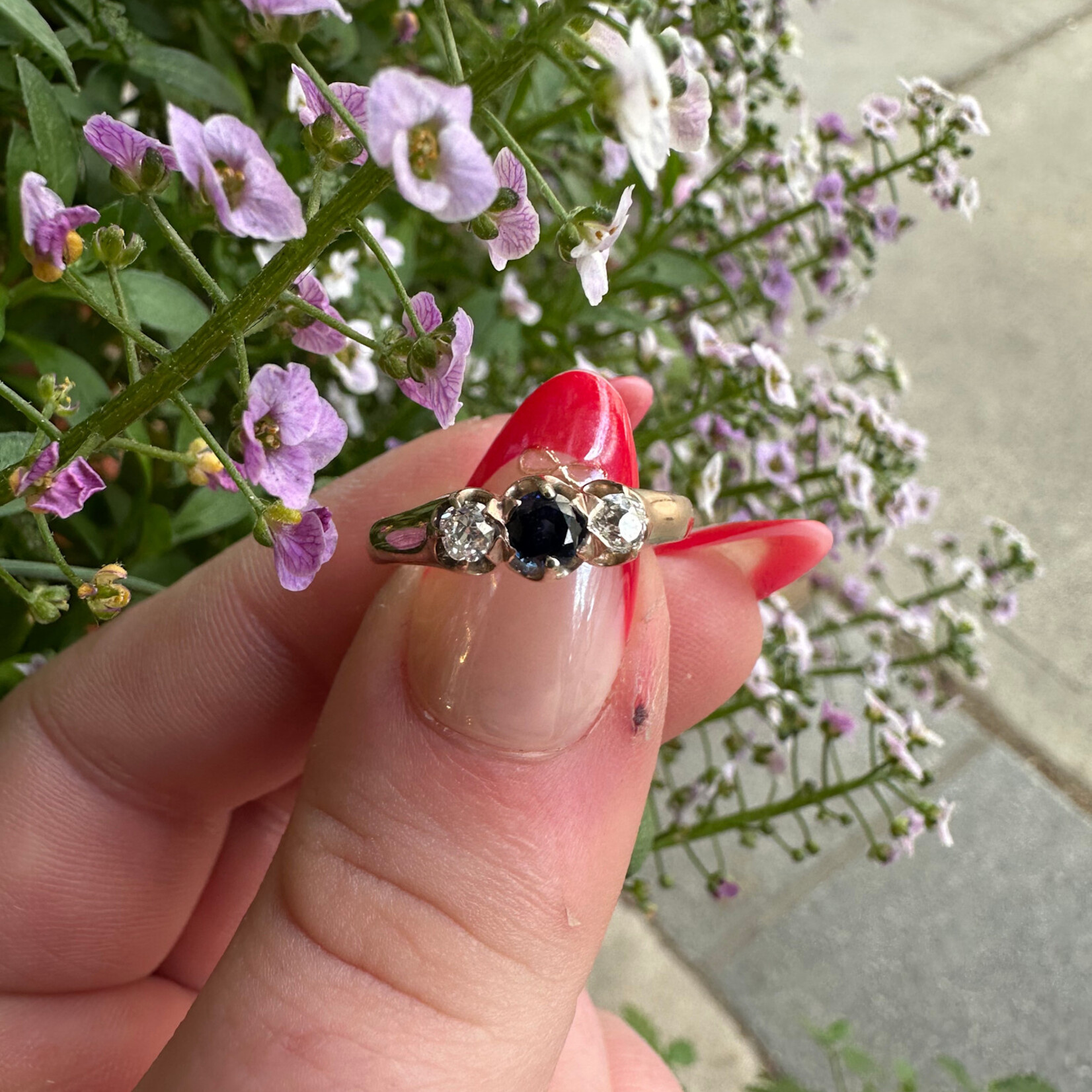 Reclaimed Gems Old Mine Cut & Sapphire Ring | 14k Yellow Gold | Size 7.5 | Circa 1900