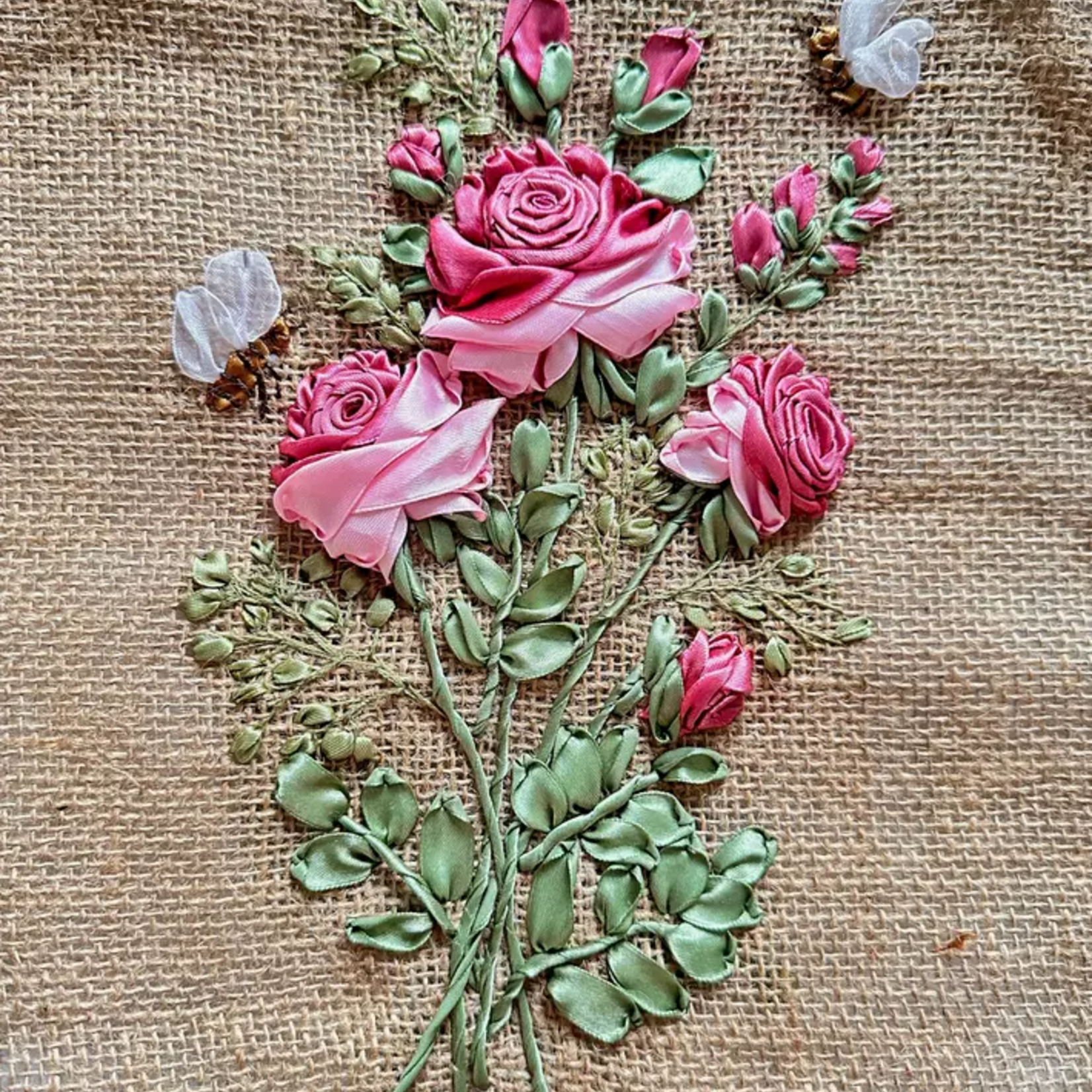 Quince Fables Jute Bag with Rose Ribbon Embroidery