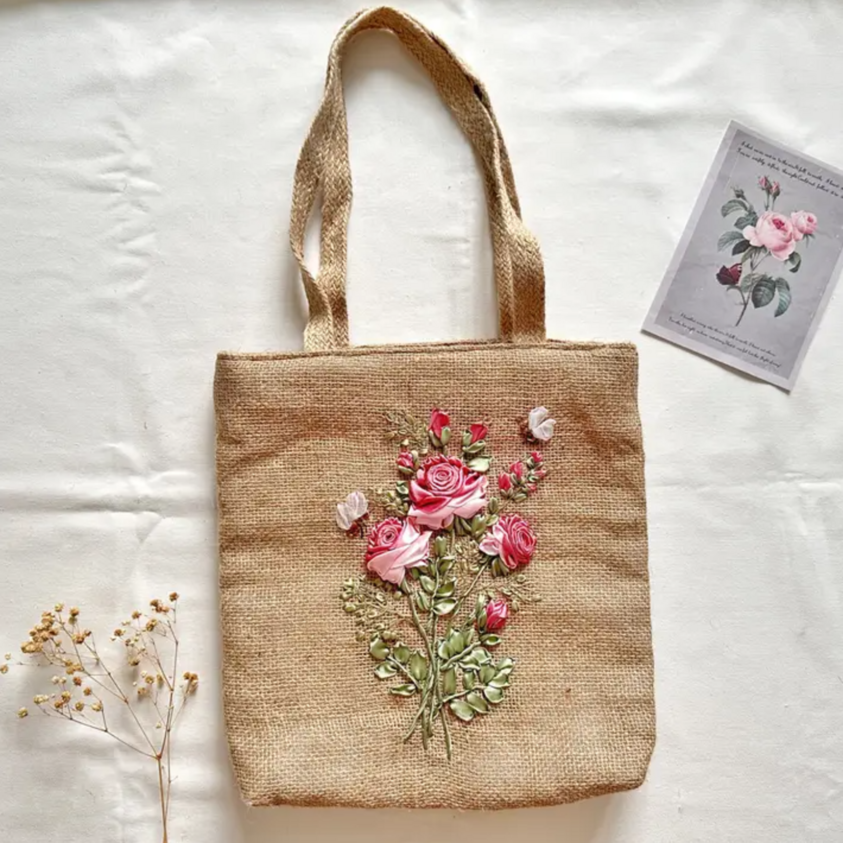 Quince Fables Jute Bag with Rose Ribbon Embroidery