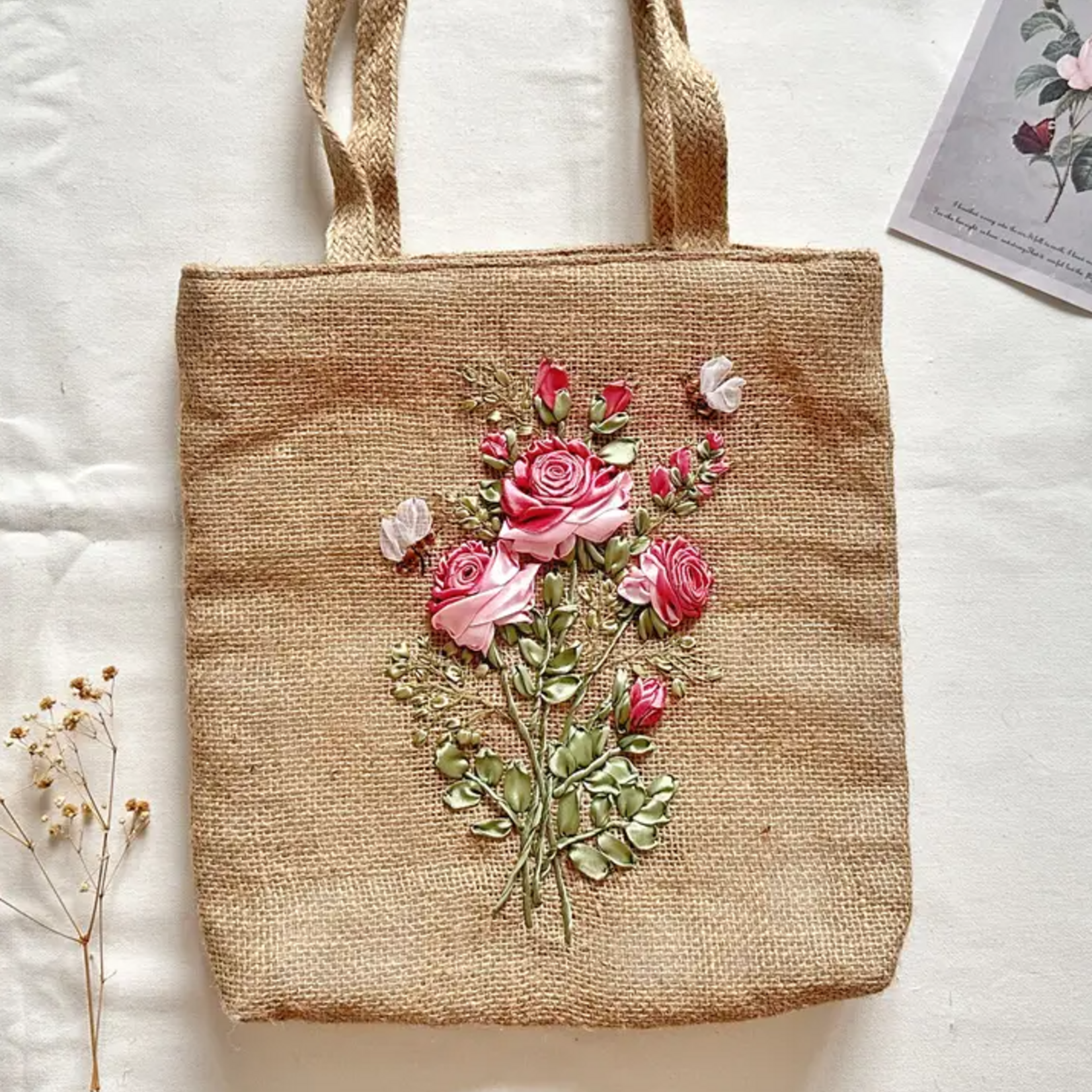 Quince Fables Jute Bag with Rose Ribbon Embroidery