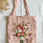 Quince Fables Pink Linen Bag with Flower Bouquet Ribbon Embroidery