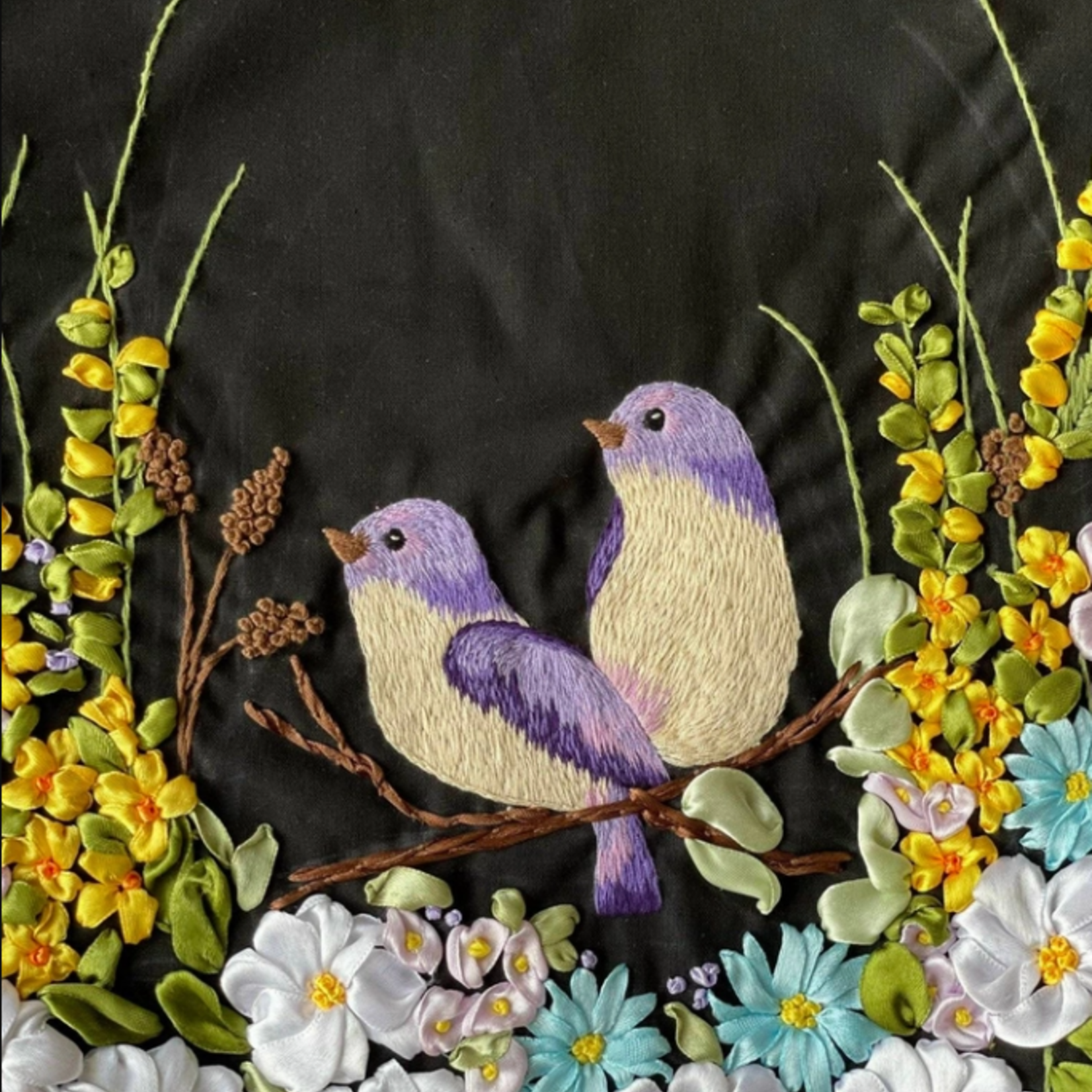 Quince Fables Black Linen Bag with Bird Ribbon Embroidery