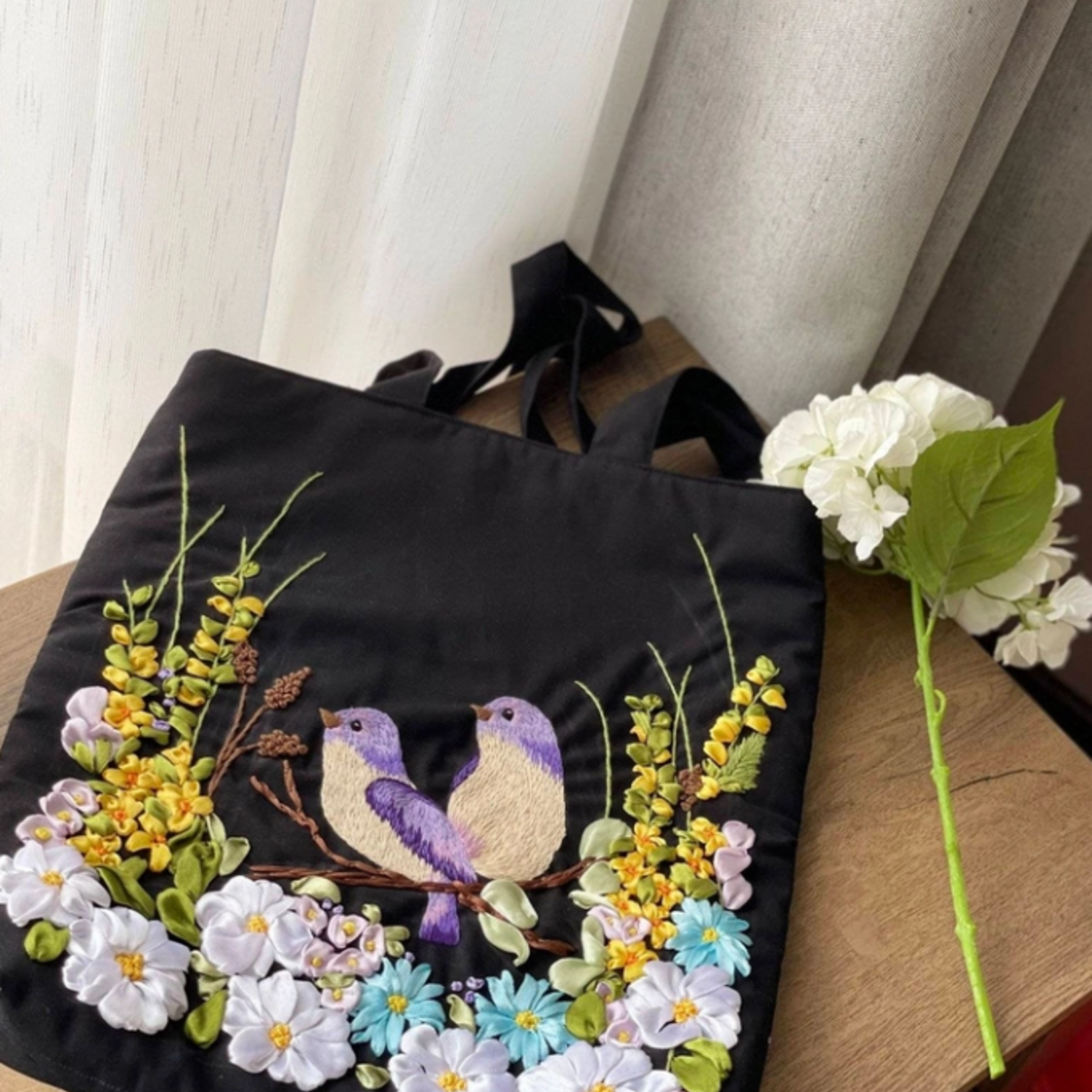 Quince Fables Black Linen Bag with Bird Ribbon Embroidery