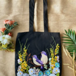 Quince Fables Black Linen Bag with Bird Ribbon Embroidery