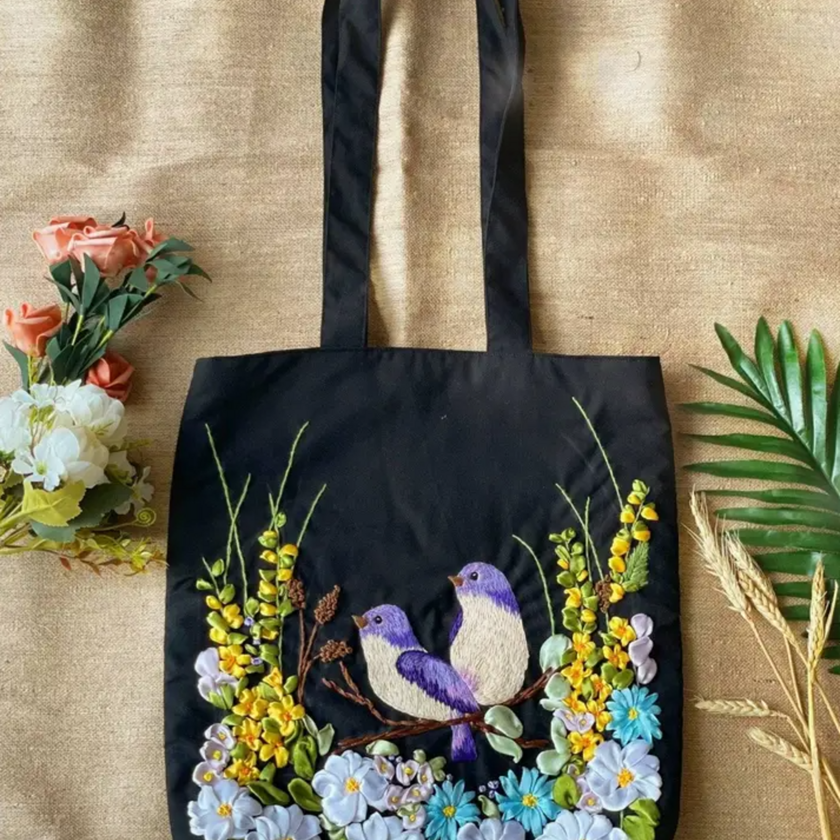 Quince Fables Black Linen Bag with Bird Ribbon Embroidery