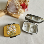 Quince Fables Floral Embroidered Rectangle Mini Jewelry Box with Mirror Daisy Garden