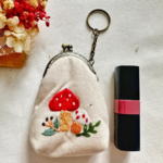 Quince Fables Floral Embroidered Mushroom Garden Keychain Pouch