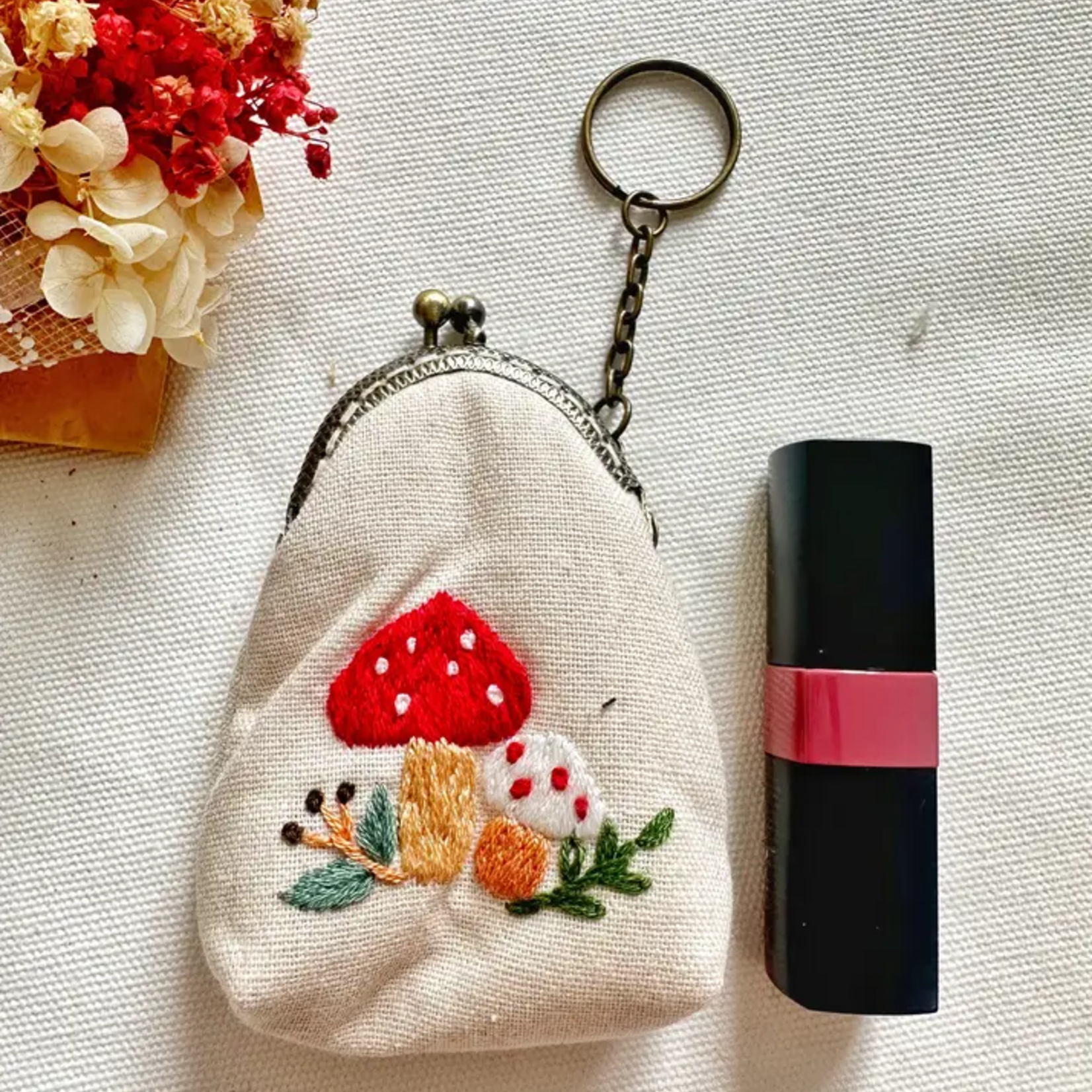 Quince Fables Floral Embroidered Mushroom Garden Keychain Pouch