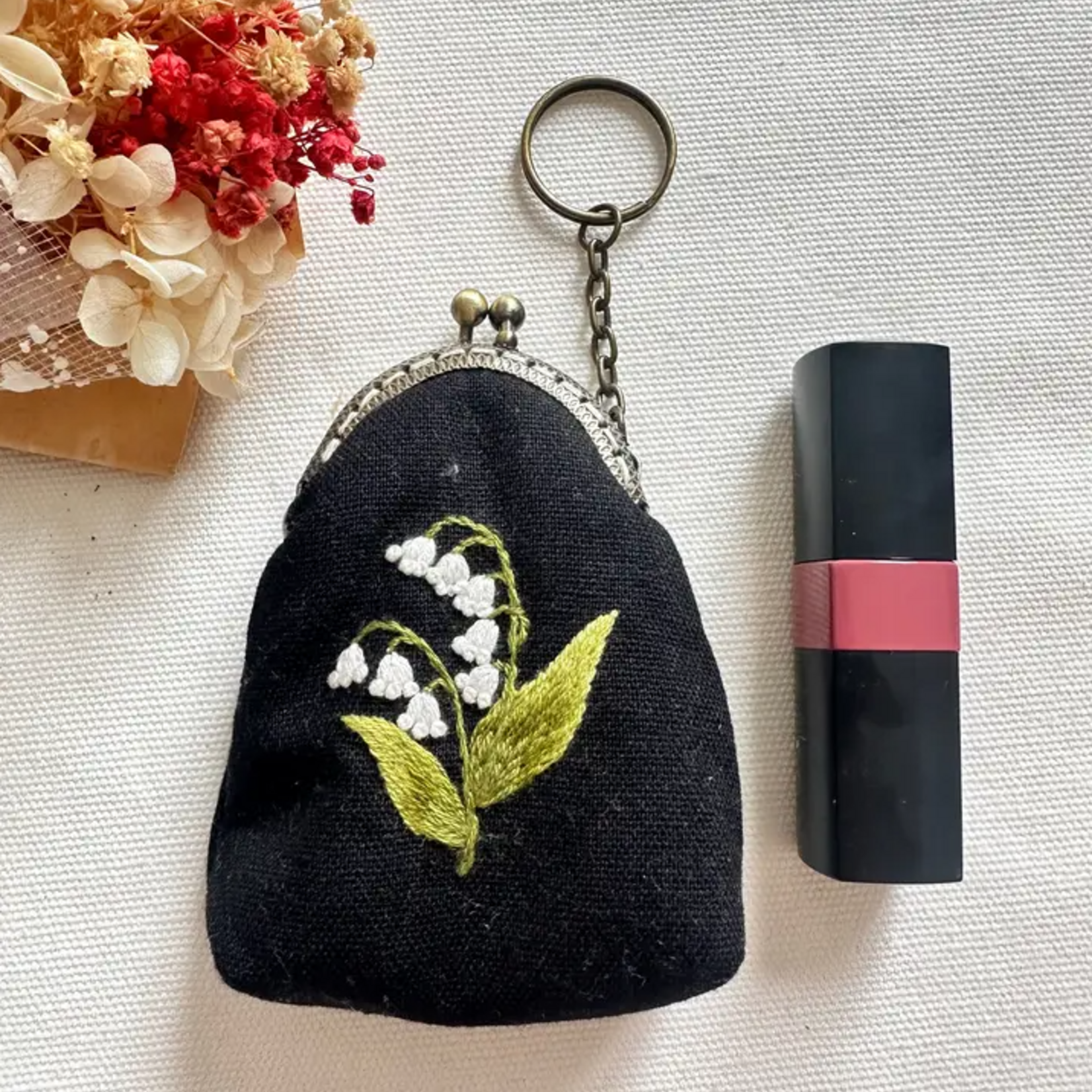 Quince Fables Floral Embroidered Lily of the Valley Keychain Pouch