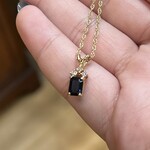 Emerald Cut Sapphire & Three Full Cut Diamond Necklace | 14K Yellow Gold | 18" | Estate