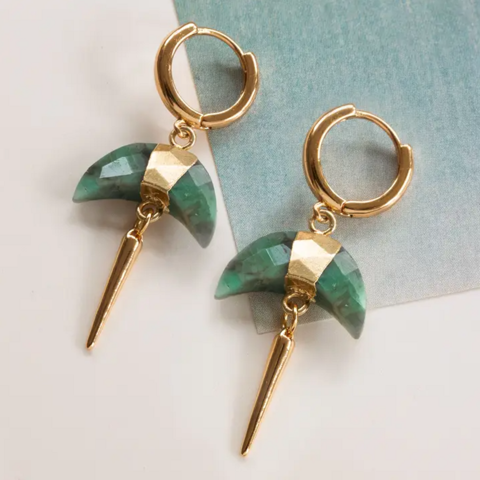 Crescent Horn Spike Emerald Huggies · 14K Gold Plating