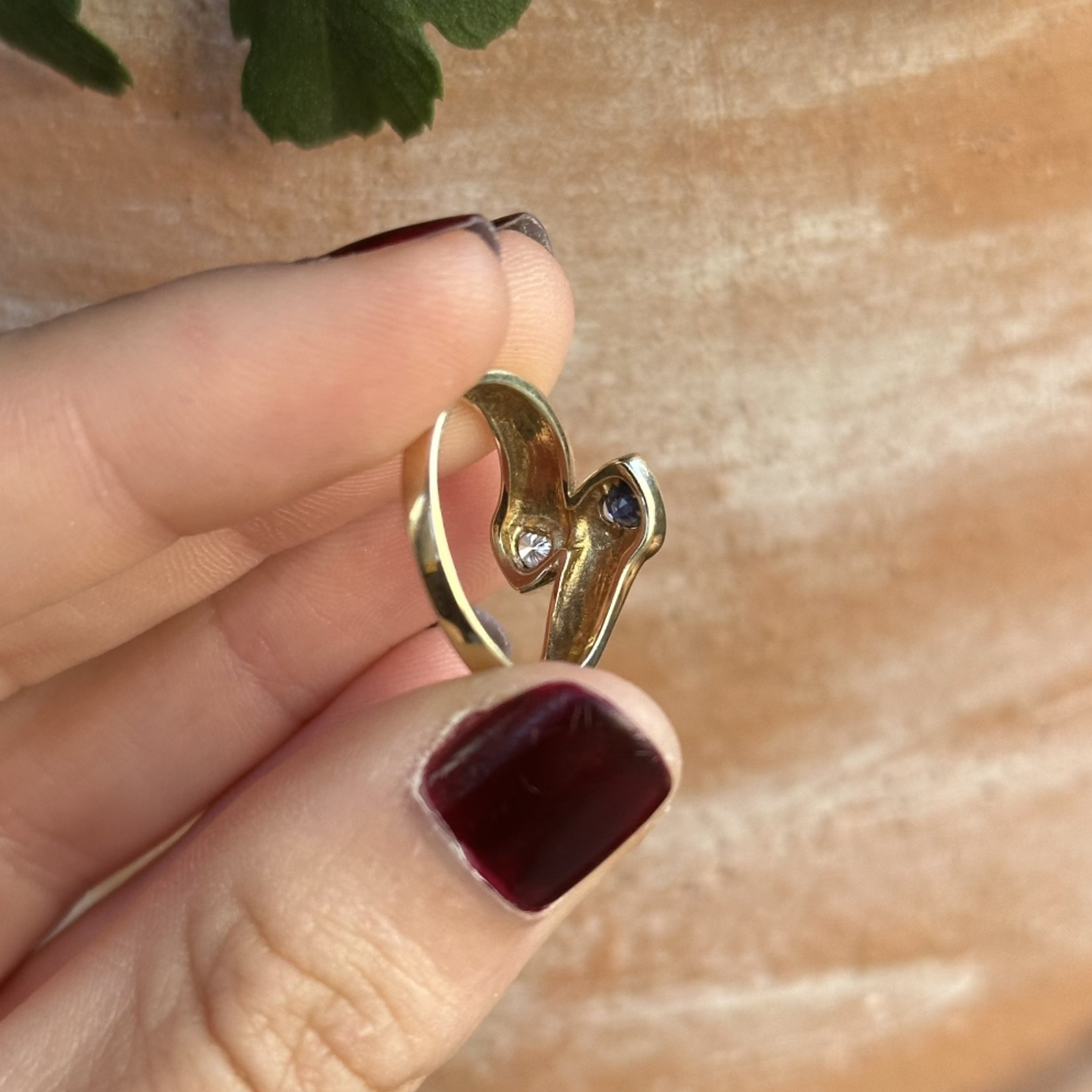 Sapphire & Diamond Bypass Heart Ring | 14K Yellow Gold | Size 7.25 | Estate