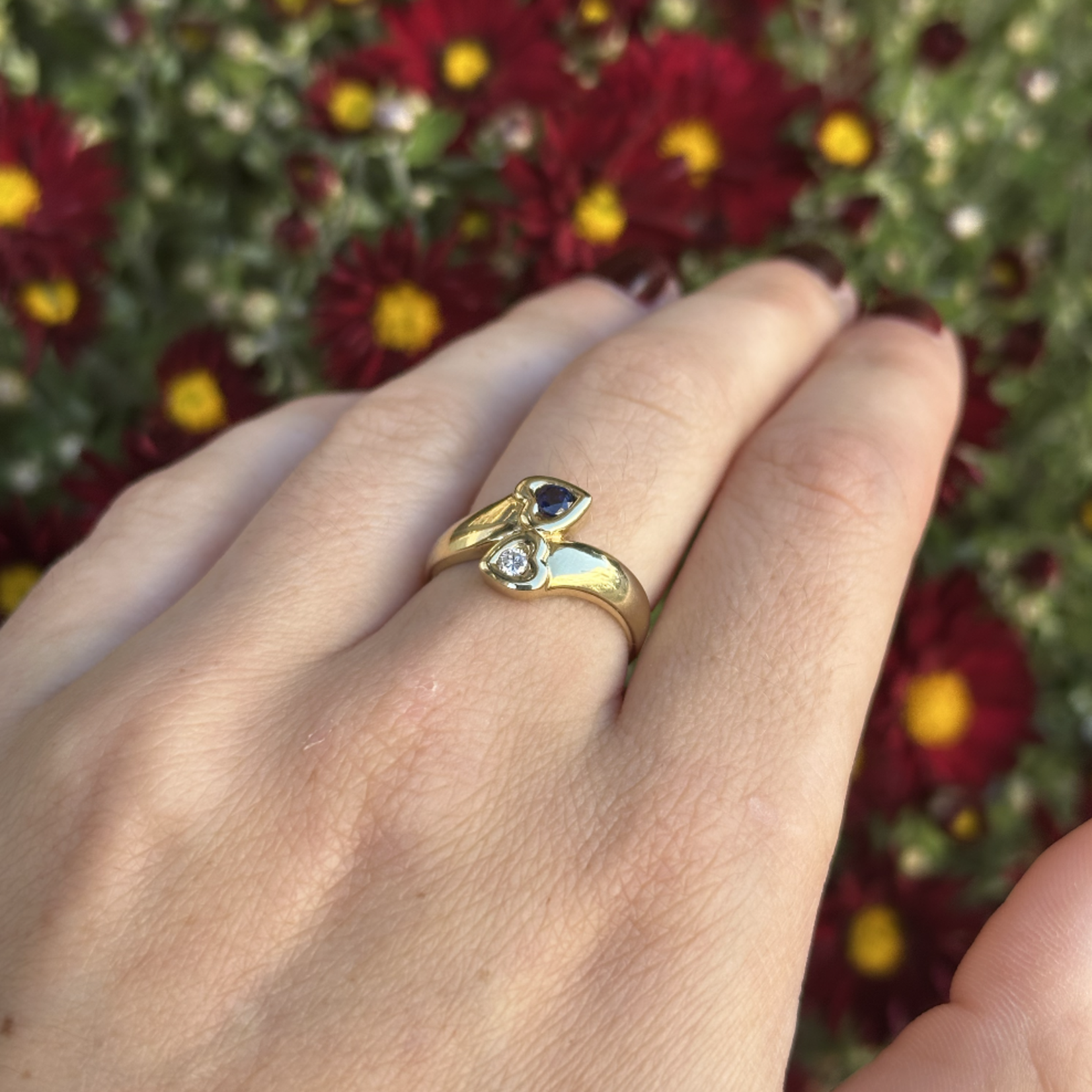 Sapphire & Diamond Bypass Heart Ring | 14K Yellow Gold | Size 7.25 | Estate