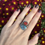 Turquoise & Coral Statement Ring | Sterling Silver & 18K Gold | Size 7 | Estate