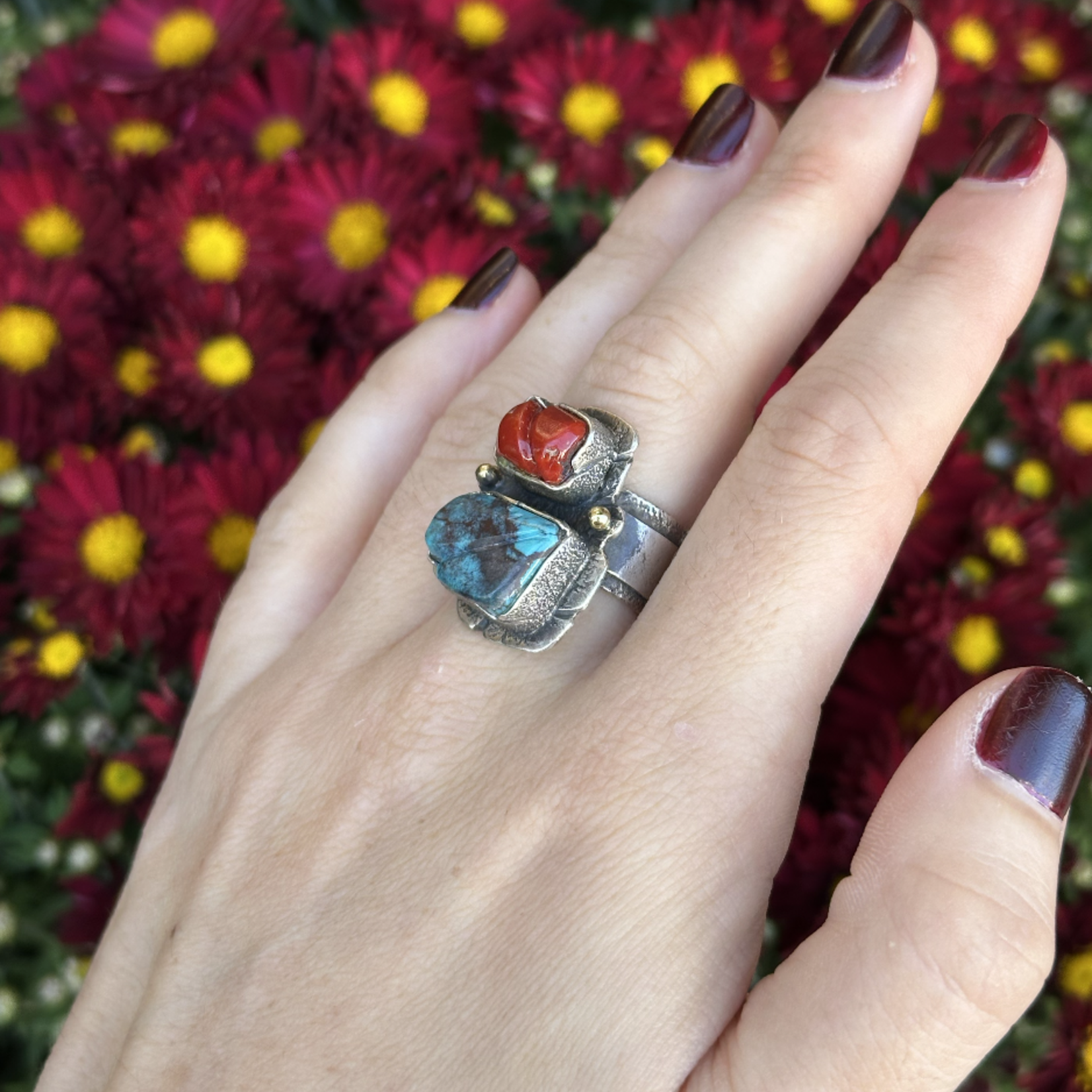 Turquoise & Coral Statement Ring | Sterling Silver & 18K Gold | Size 7 | Estate