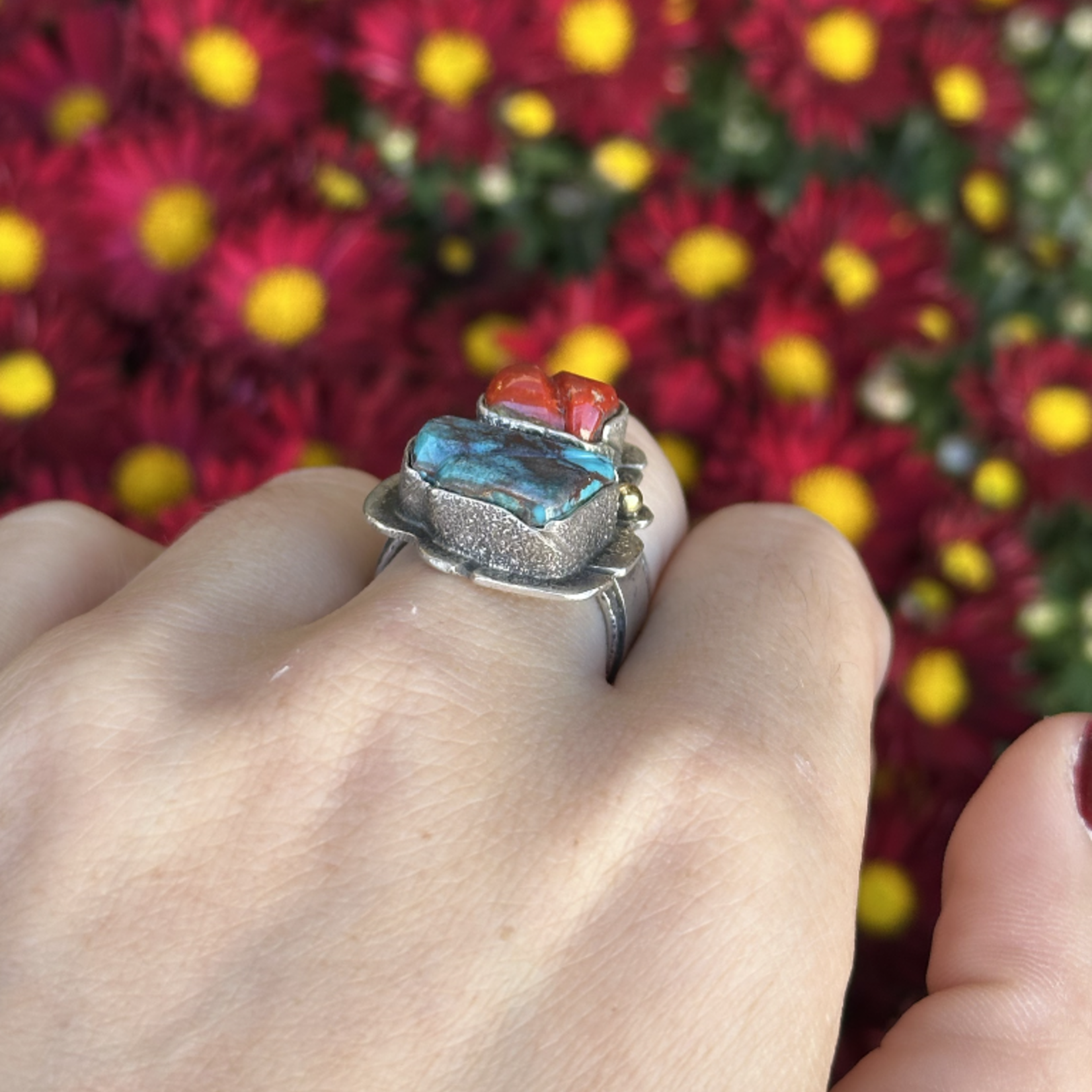 Turquoise & Coral Statement Ring | Sterling Silver & 18K Gold | Size 7 | Estate