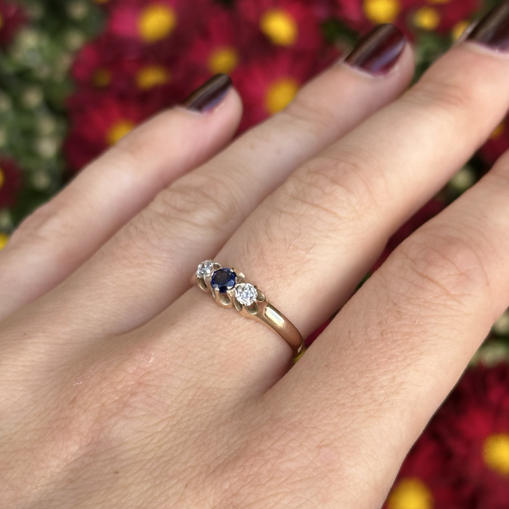 Reclaimed Gems Old Mine Cut Diamond & Sapphire Ring | 14k Yellow Gold | Size 7.5 | Circa 1900