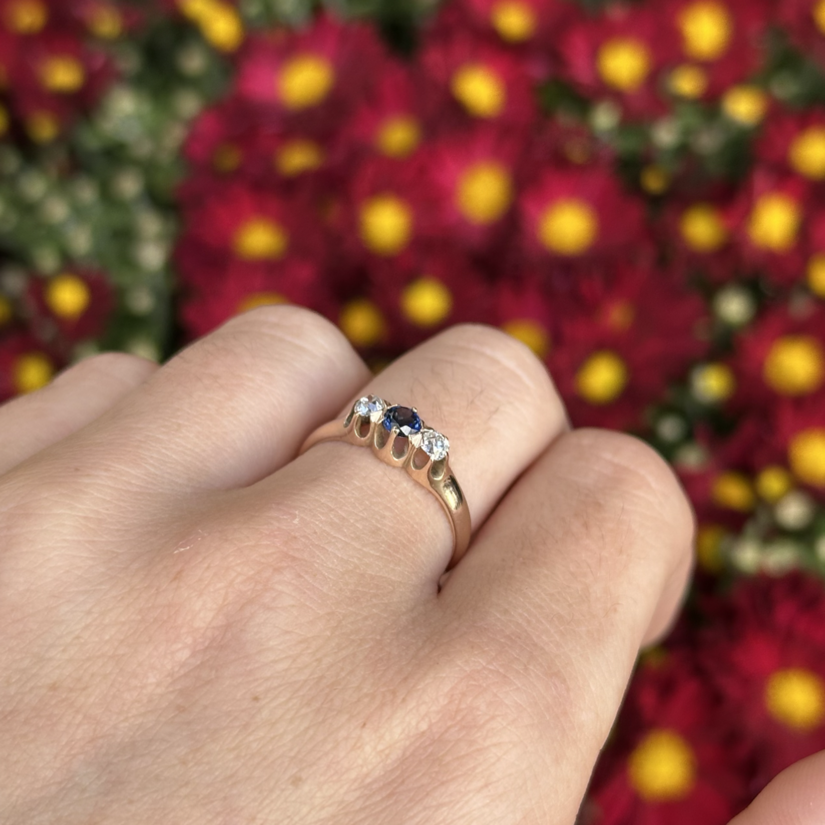 Reclaimed Gems Old Mine Cut Diamond & Sapphire Ring | 14k Yellow Gold | Size 7.5 | Circa 1900