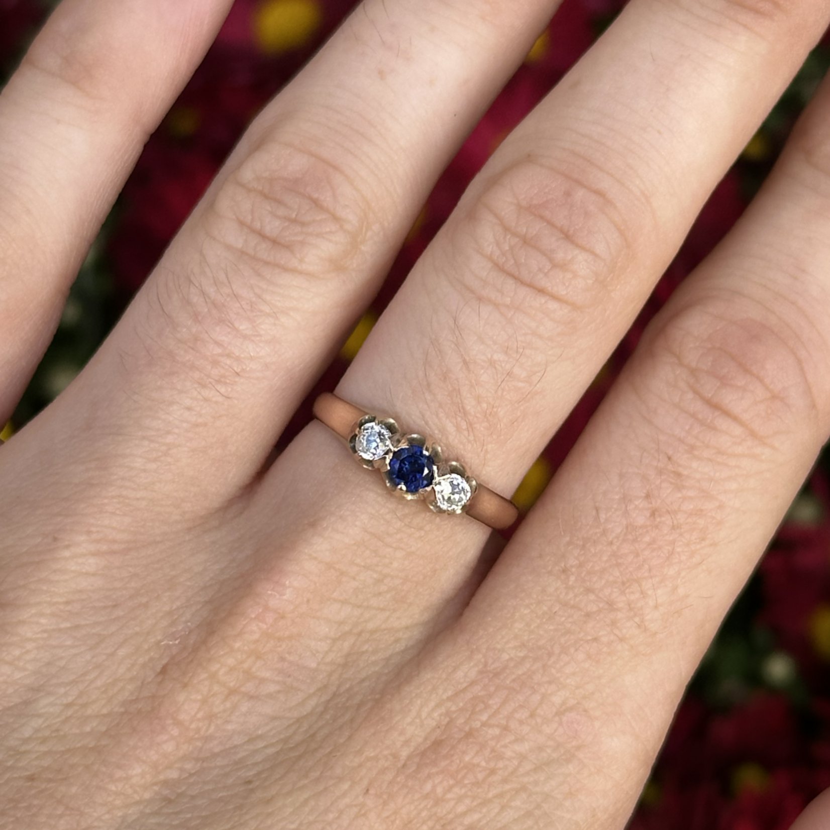Reclaimed Gems Old Mine Cut Diamond & Sapphire Ring | 14k Yellow Gold | Size 7.5 | Circa 1900