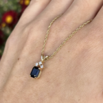 Emerald Cut Sapphire & Three Full Cut Diamond Necklace | 14K Yellow Gold | 18" | Estate