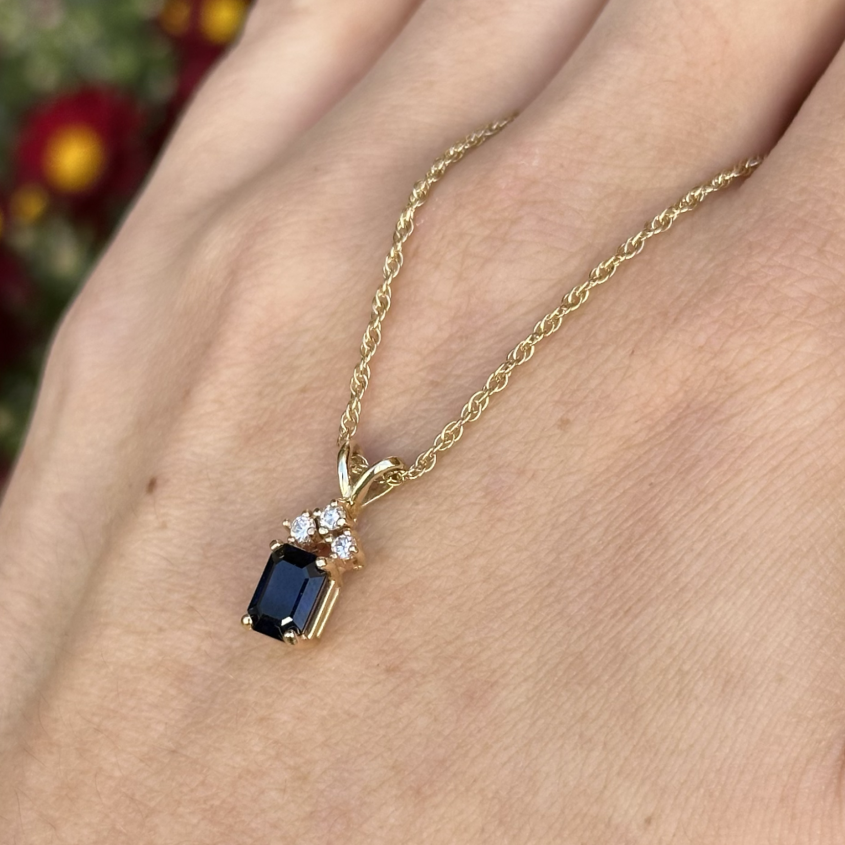 Emerald Cut Sapphire & Three Full Cut Diamond Necklace | 14K Yellow Gold | 18" | Estate
